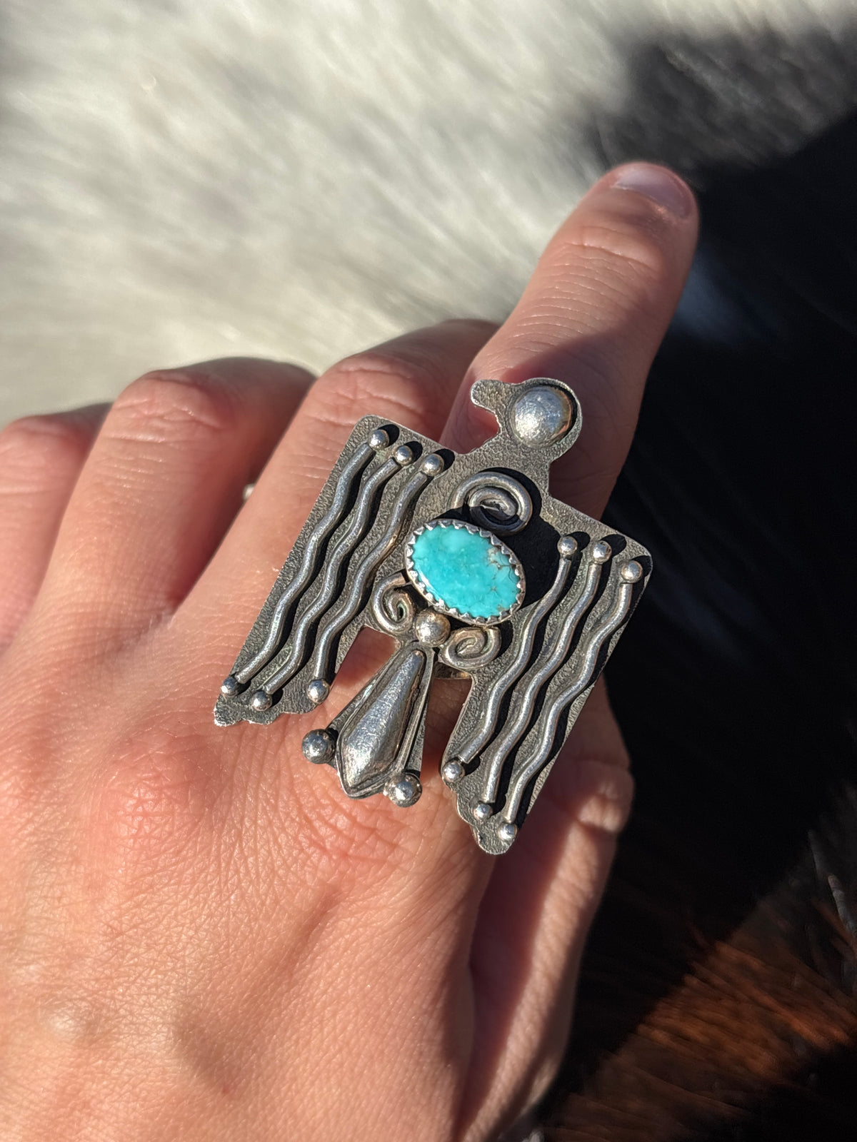 Native American, Hand-Made, Turquoise & Sterling Silver Thunderbird Adjustable Ring
