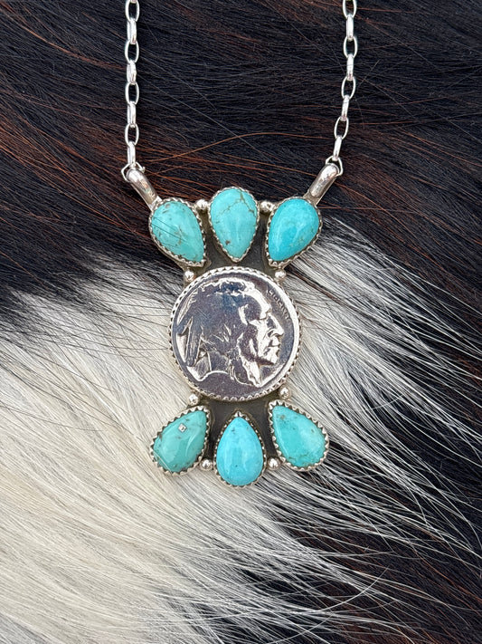 Native American, Hand-Made, Buffalo Nickel, Turquoise & Sterling Silver Necklace