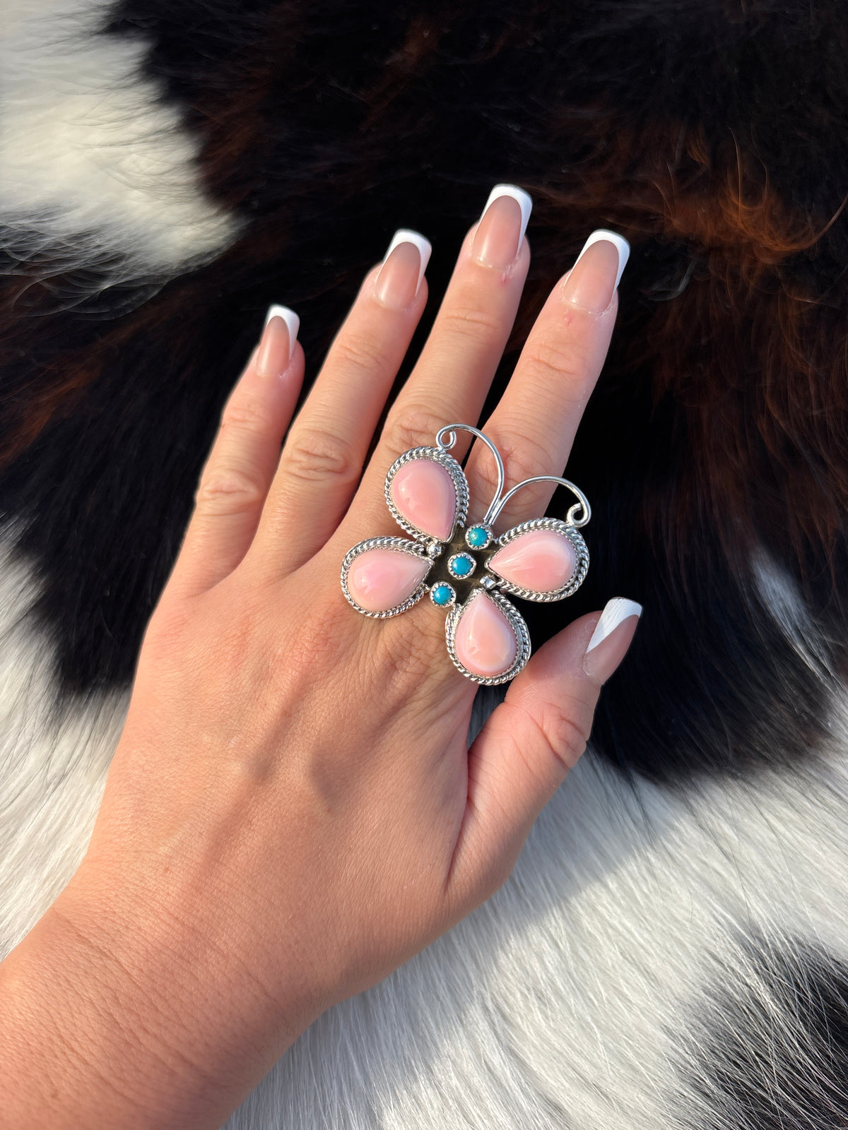 Native American, Hand-Made, Pink Conch, Turquoise & Sterling Silver Butterfly Ring