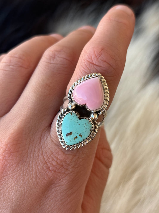 Native American, Hand-Made, Turquoise, Pink Conch, & Sterling Silver Ring
