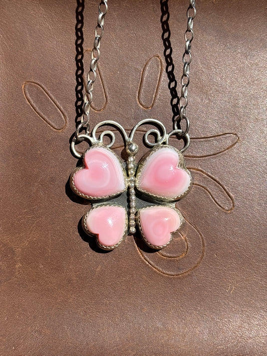 Native American, Hand-Made, Pink Conch & Sterling Silver Butterfly Necklace