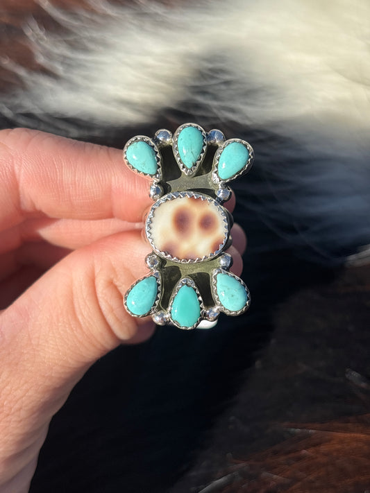 Native American, Hand-Made, Turquoise, Cowrie, & Sterling Silver Ring