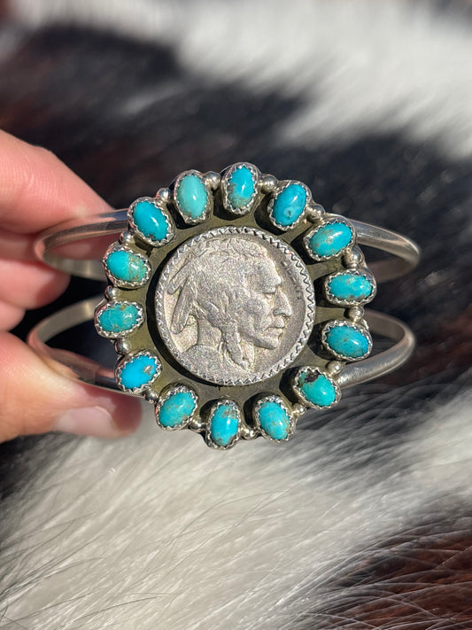 Native American, Handmade, Turquoise, Buffalo Nickel & Sterling Silver Cuff