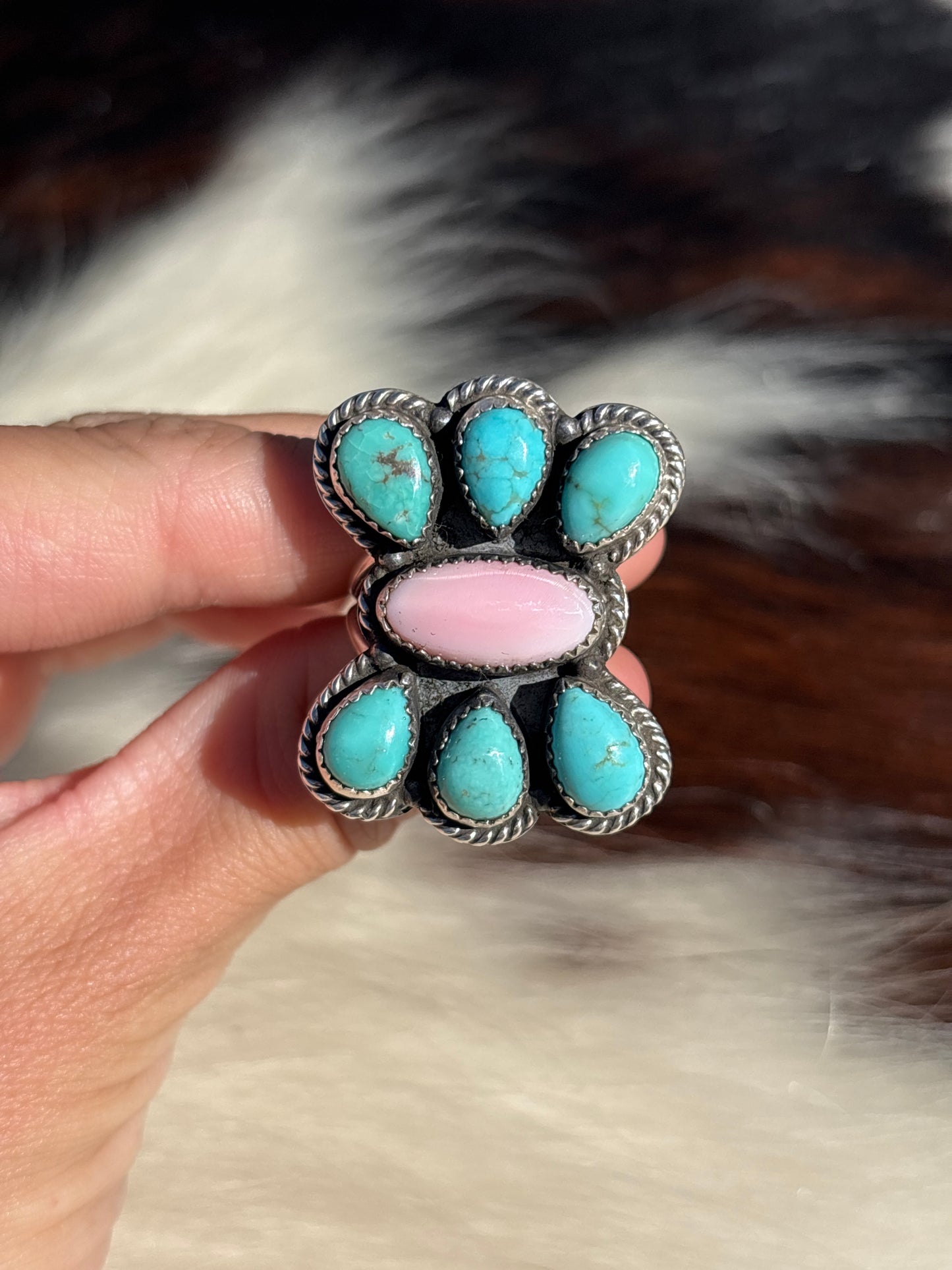 Native American, Hand-Made, Turquoise, Pink Conch & Sterling Silver Ring