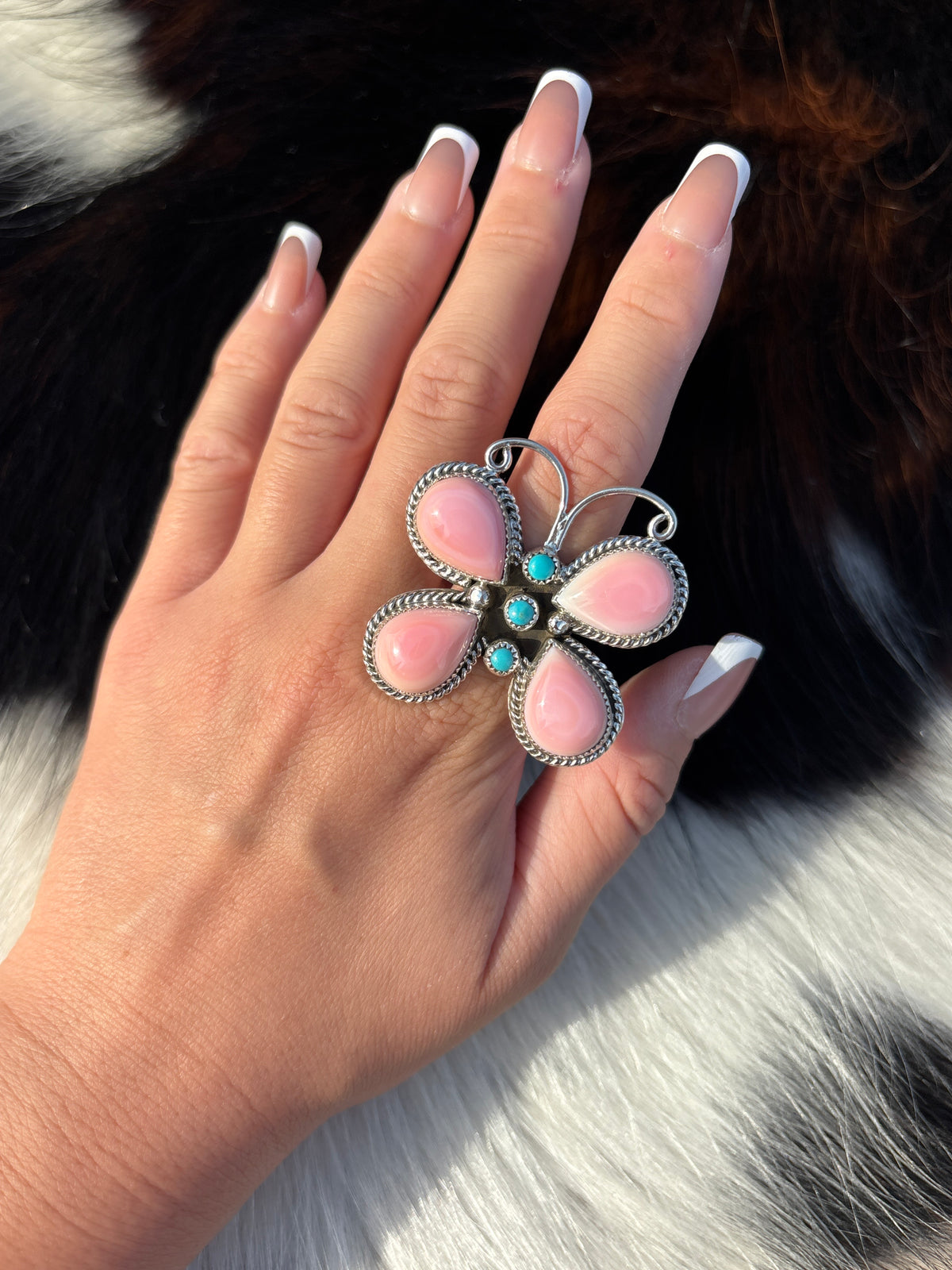 Native American, Hand-Made, Pink Conch, Turquoise & Sterling Silver Butterfly Ring