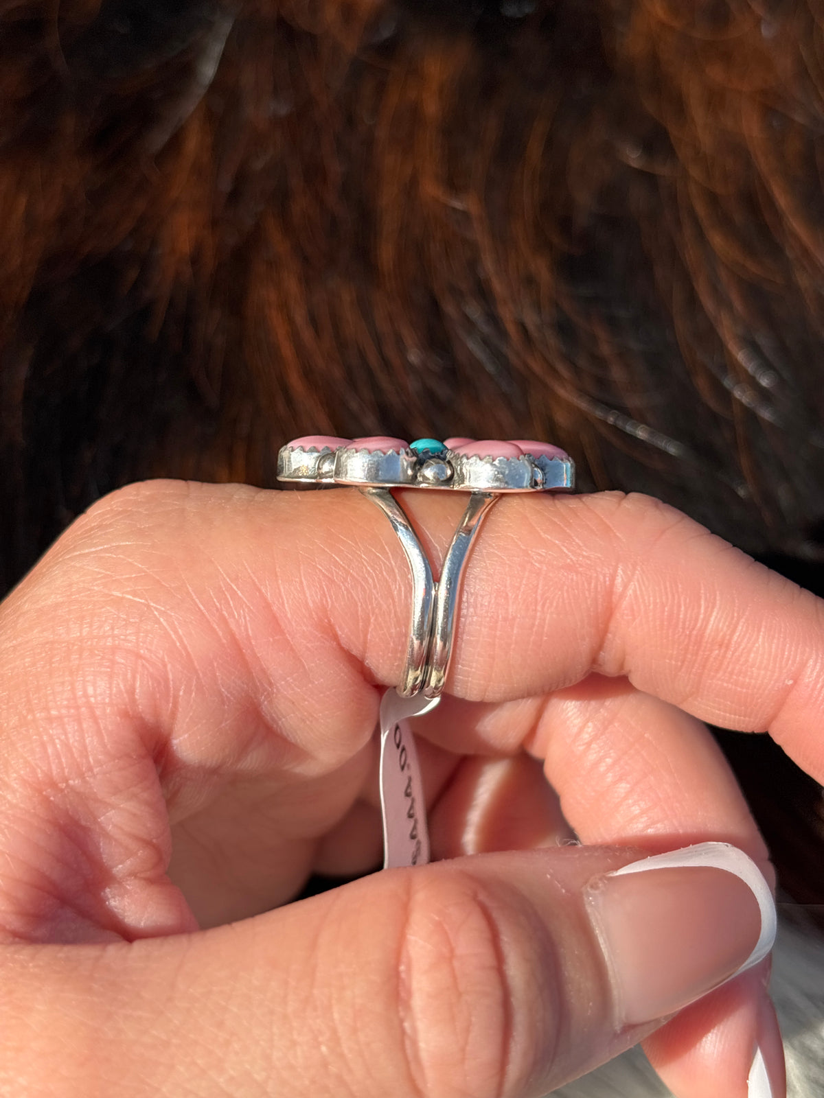 Native American, Hand-Made, Turquoise, Pink Conch & Sterling Silver Ring