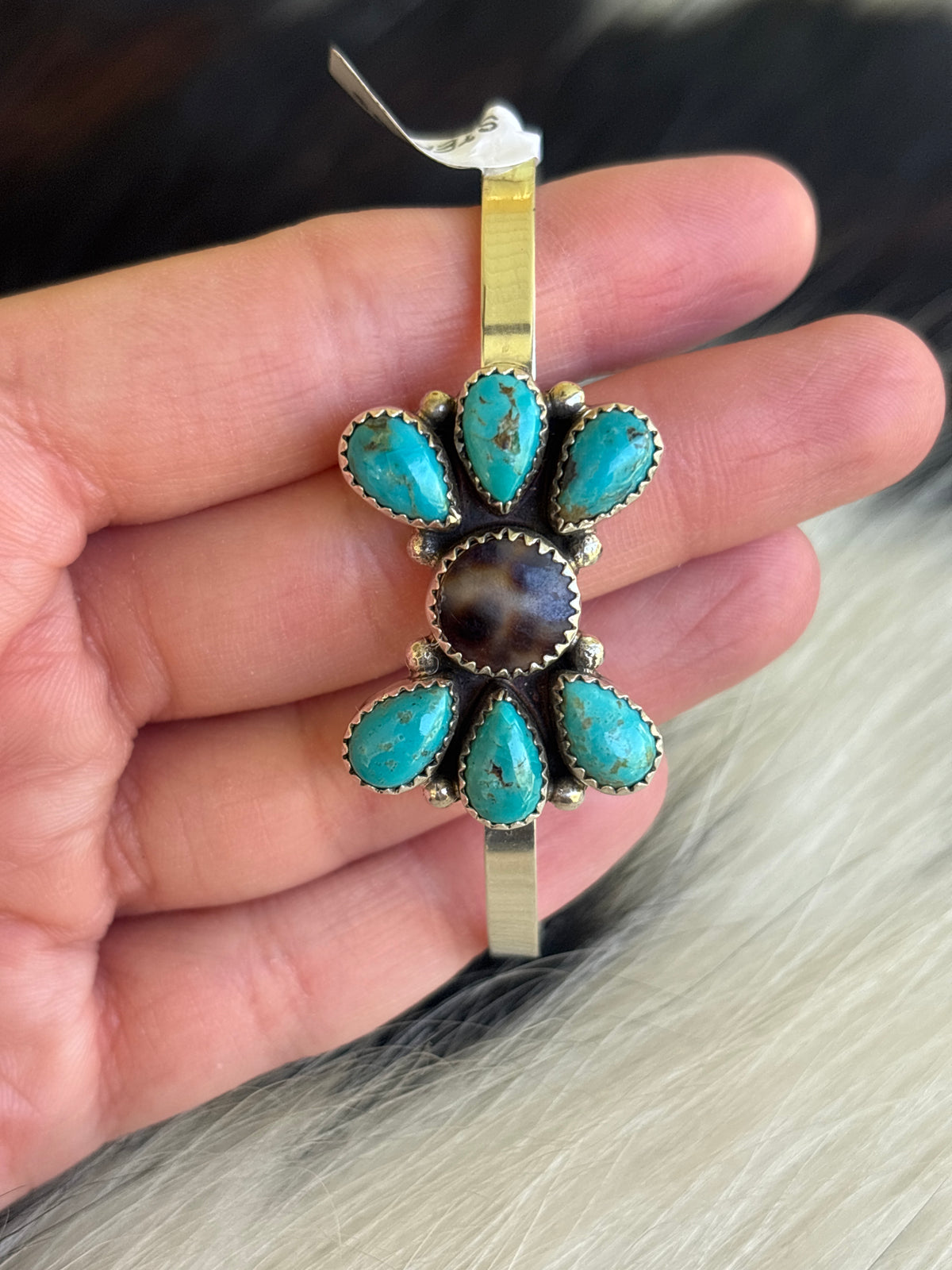 Native American, Handmade, Cowrie, Turquoise  & Sterling Silver Cuff