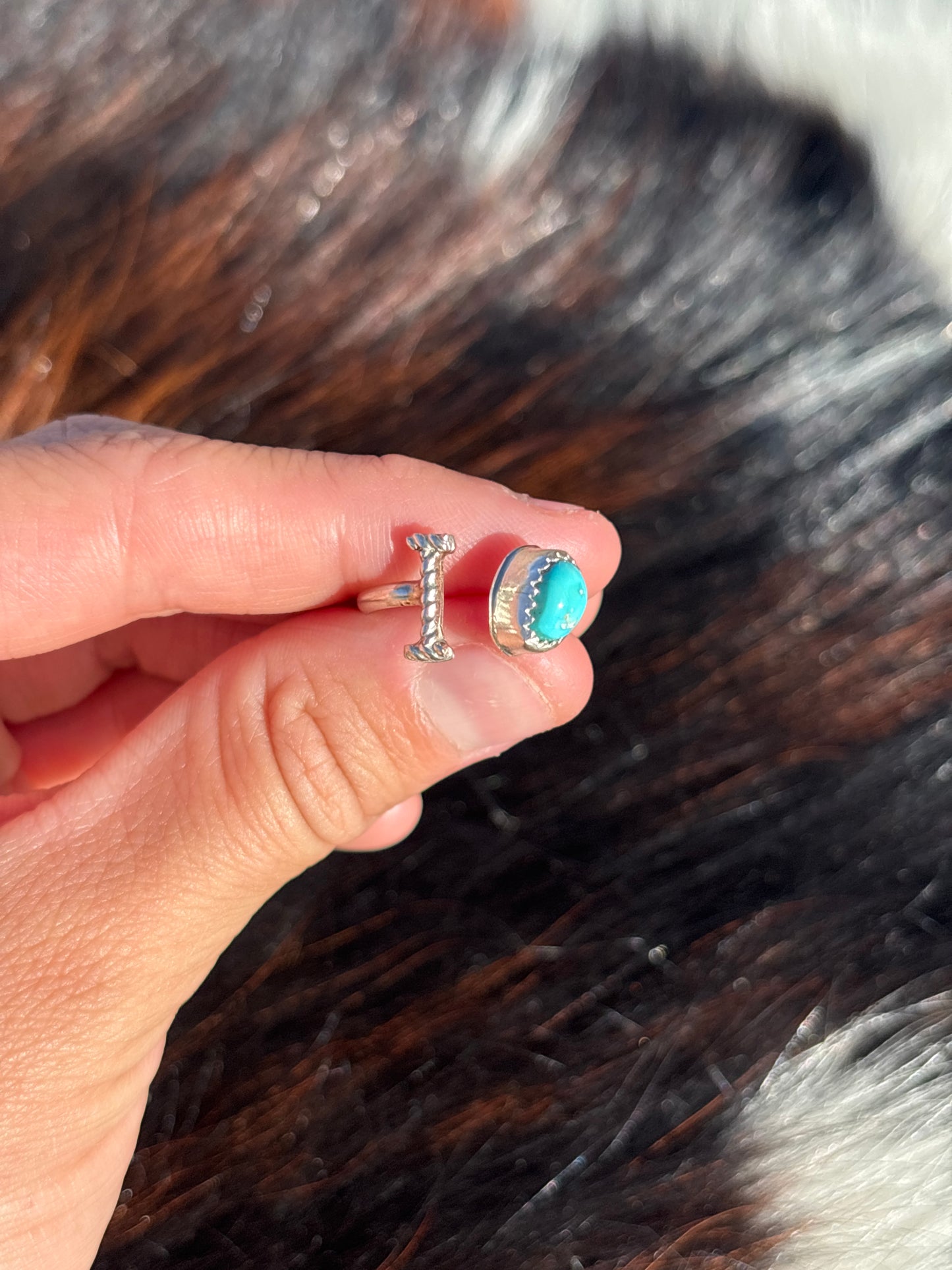 Native American, Hand-Made, Turquoise & Sterling Silver Adjustable Initial Ring