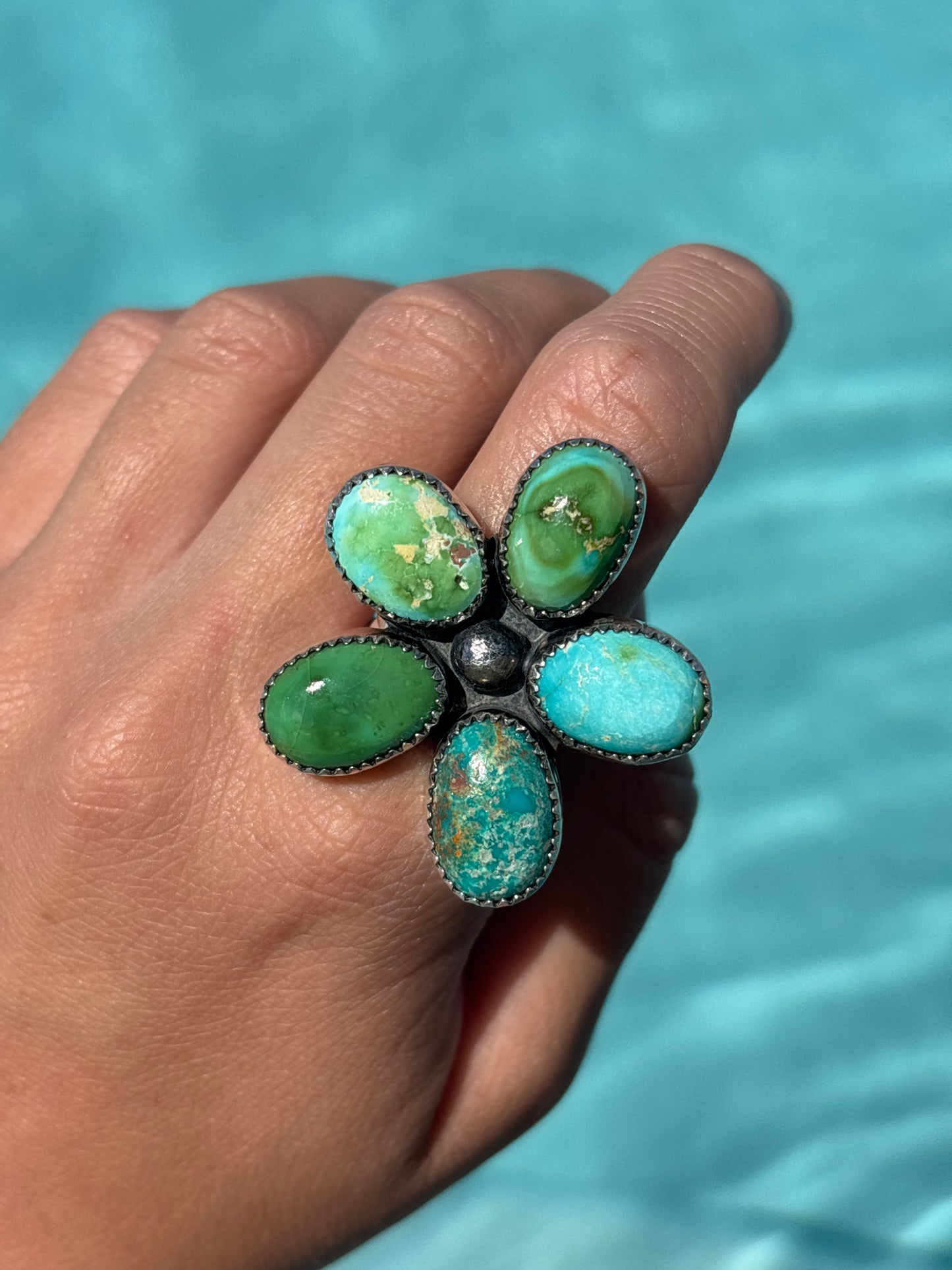 Native American, Hand-Made, Sierra Bella Turquoise & Sterling Silver Flower Ring
