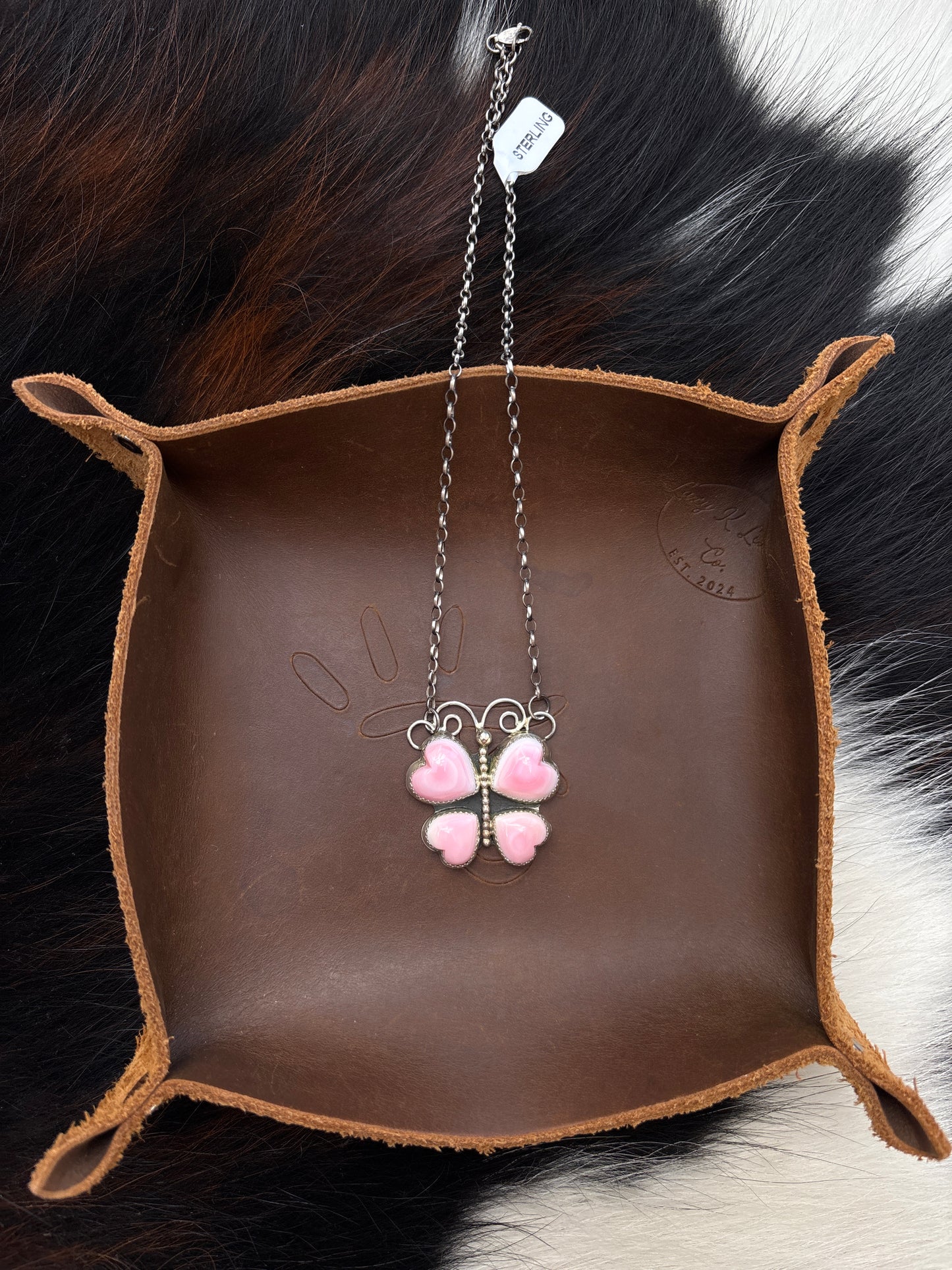 Native American, Hand-Made, Pink Conch & Sterling Silver Butterfly Necklace