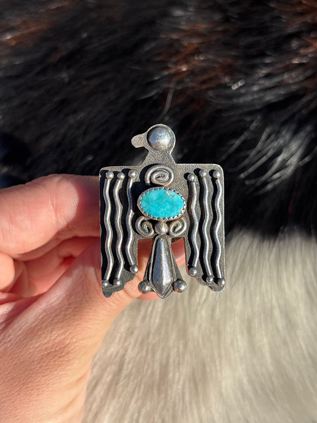 Native American, Hand-Made, Turquoise & Sterling Silver Thunderbird Adjustable Ring