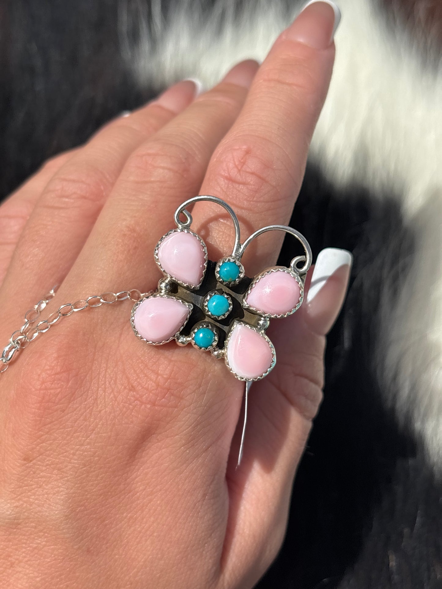 Native American, Hand-Made, Pink Conch, Turquoise & Sterling Silver Butterfly Ring