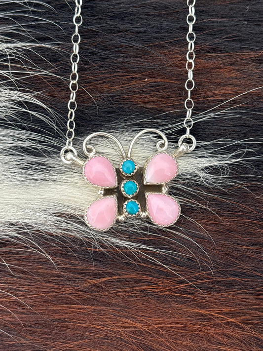 Native American, Hand-Made, Pink Conch, Turquoise & Sterling Silver Butterfly Necklace