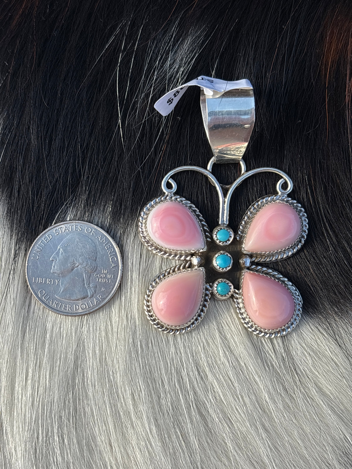 Native American, Hand-Made, Pink Conch, Turquoise & Sterling Silver Butterfly Pendant