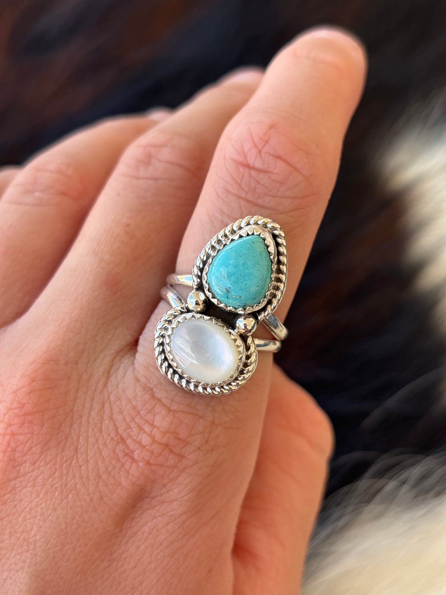 Native American, Hand-Made, Turquoise, M.O.P & Sterling Silver Ring
