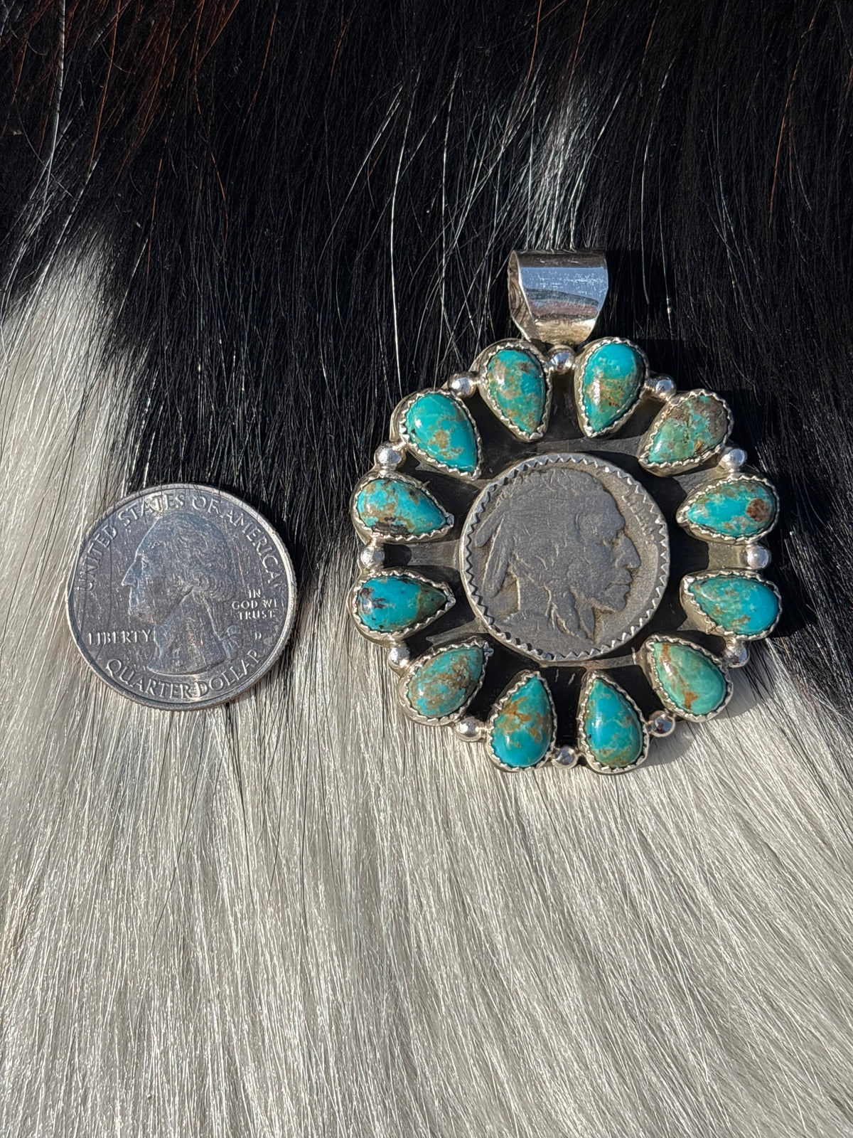Native American, Hand-Made, Turquoise & Sterling Silver Buffalo Nickel Pendant