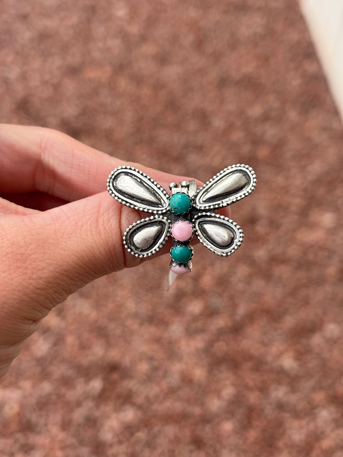 Native American, Hand-Made, Turquoise, Pink Conch & Sterling Silver Dragonfly Adjustable Ring