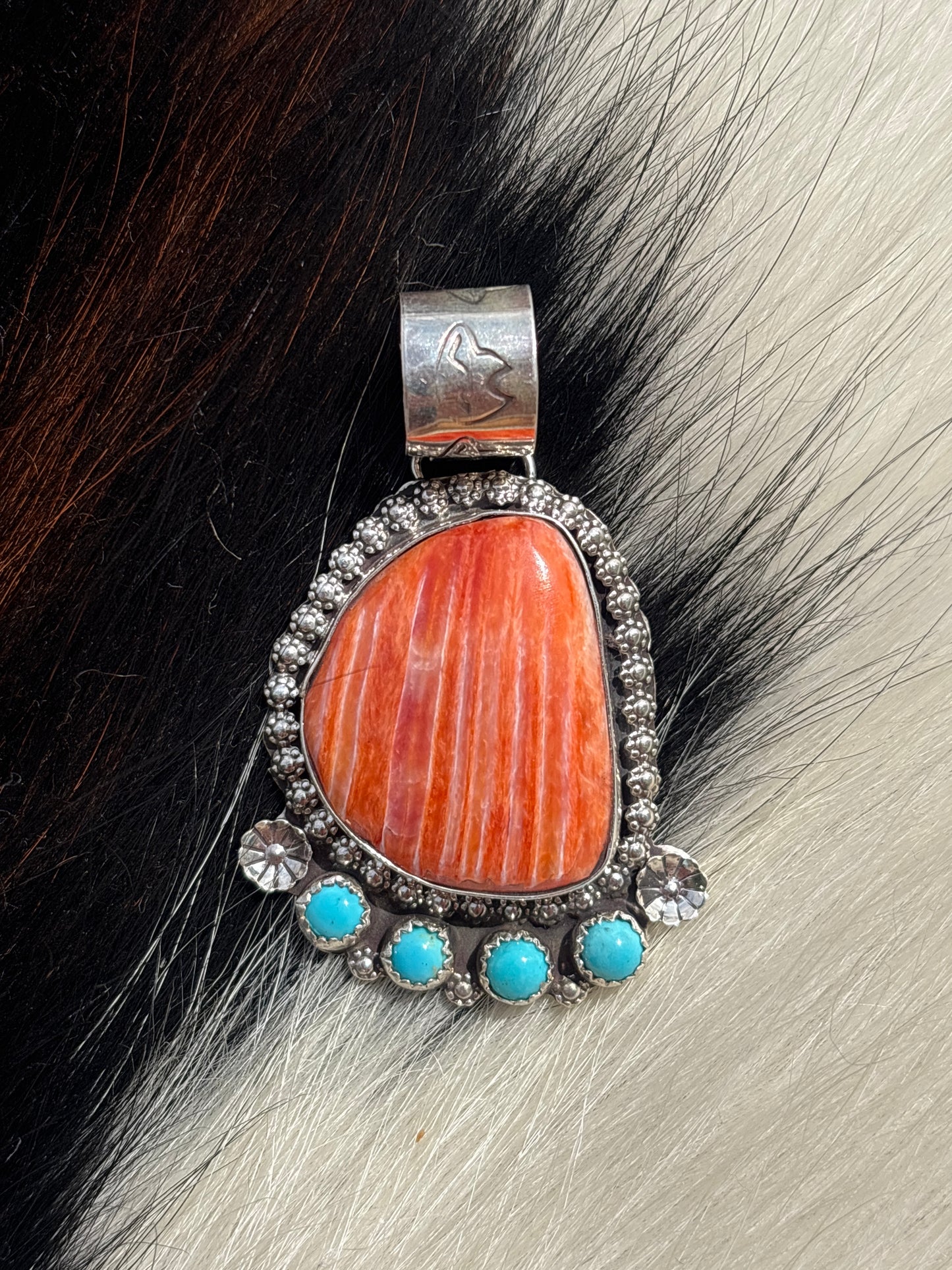 Native American, Hand-Made, Spiny Oyster, Turquoise & Sterling Silver Pendant