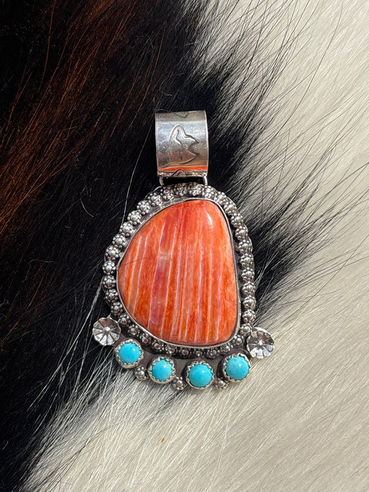 Native American, Hand-Made, Spiny Oyster, Turquoise & Sterling Silver Pendant