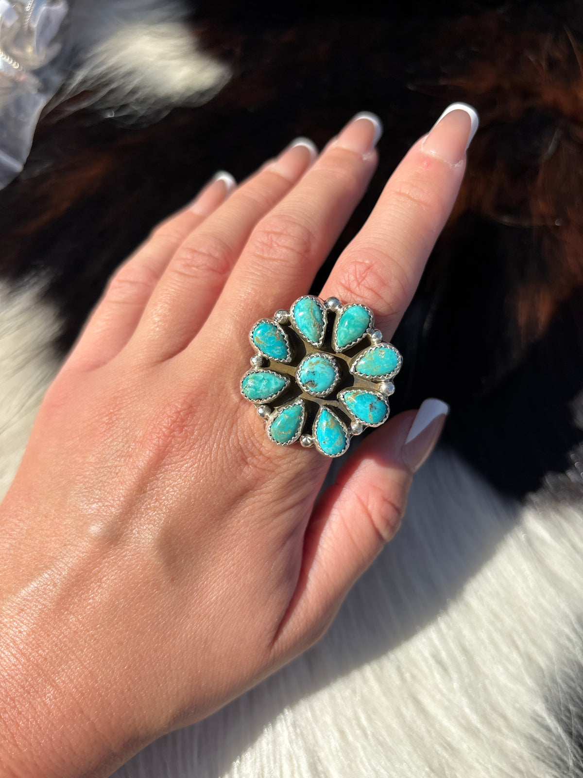 Native American, Hand-Made, Turquoise & Sterling Silver Cluster Ring