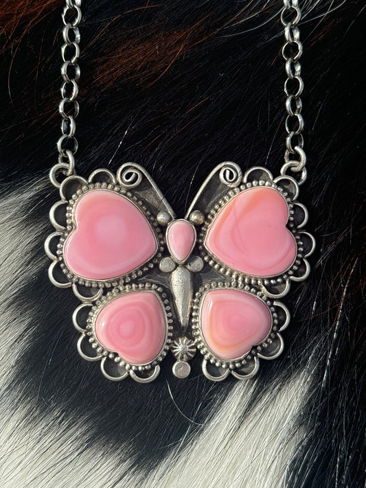 Native American, Hand-Made, Pink Conch & Sterling Silver Butterfly Necklace