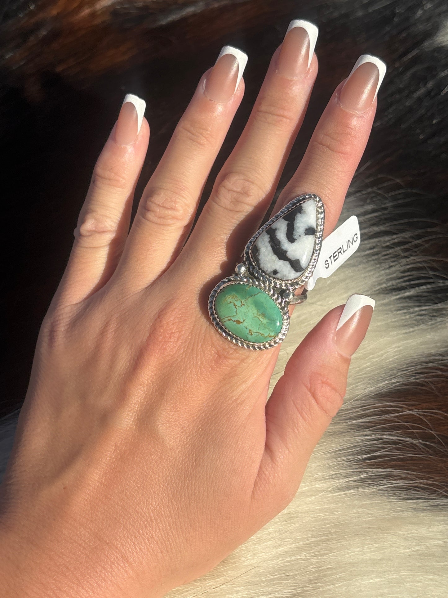 Native American, Hand-Made, Turquoise, Zebra Jasper & Sterling Silver Ring