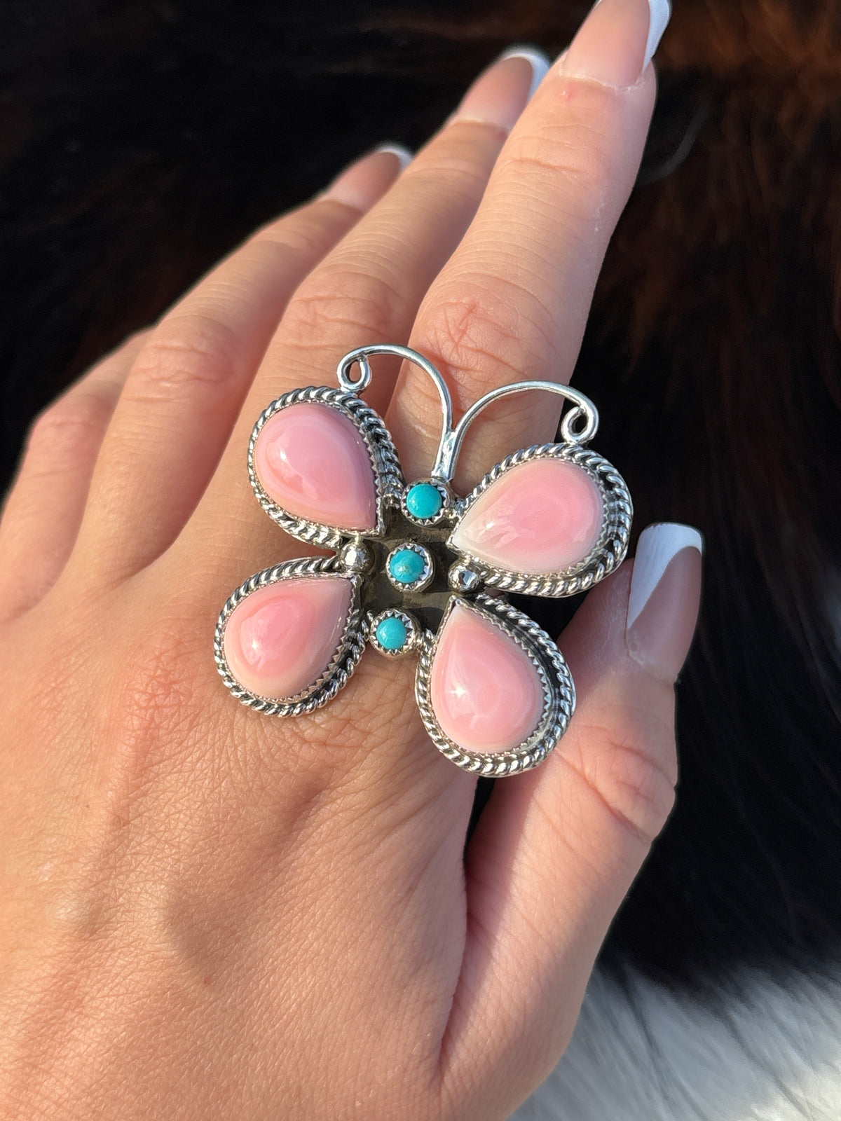 Native American, Hand-Made, Pink Conch, Turquoise & Sterling Silver Butterfly Ring