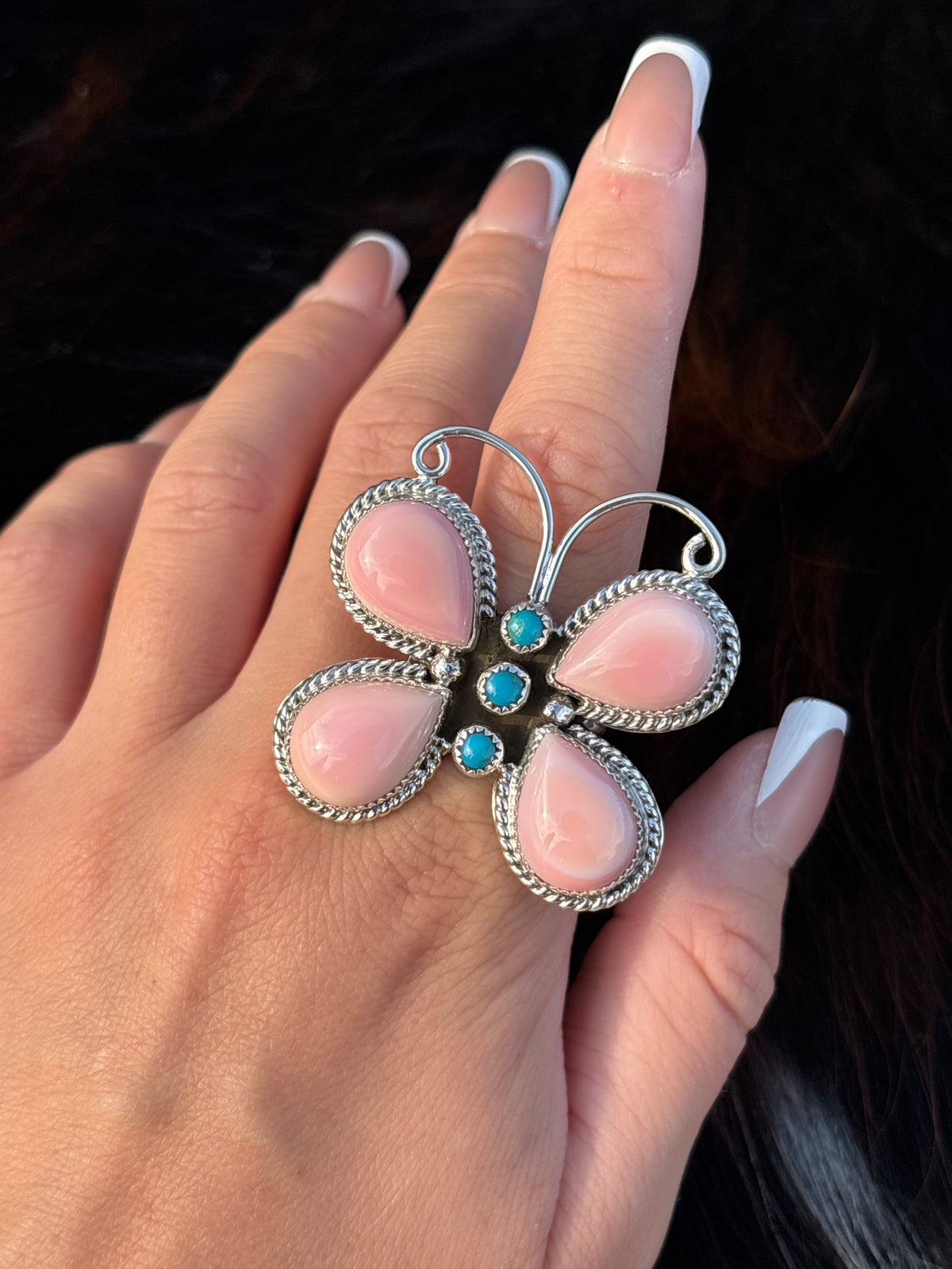 Native American, Hand-Made, Pink Conch, Turquoise & Sterling Silver Butterfly Ring