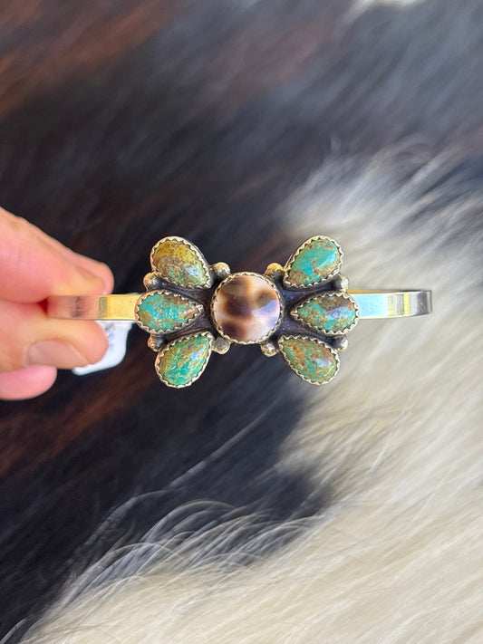 Native American, Handmade, Cowrie, Turquoise & Sterling Silver Cuff
