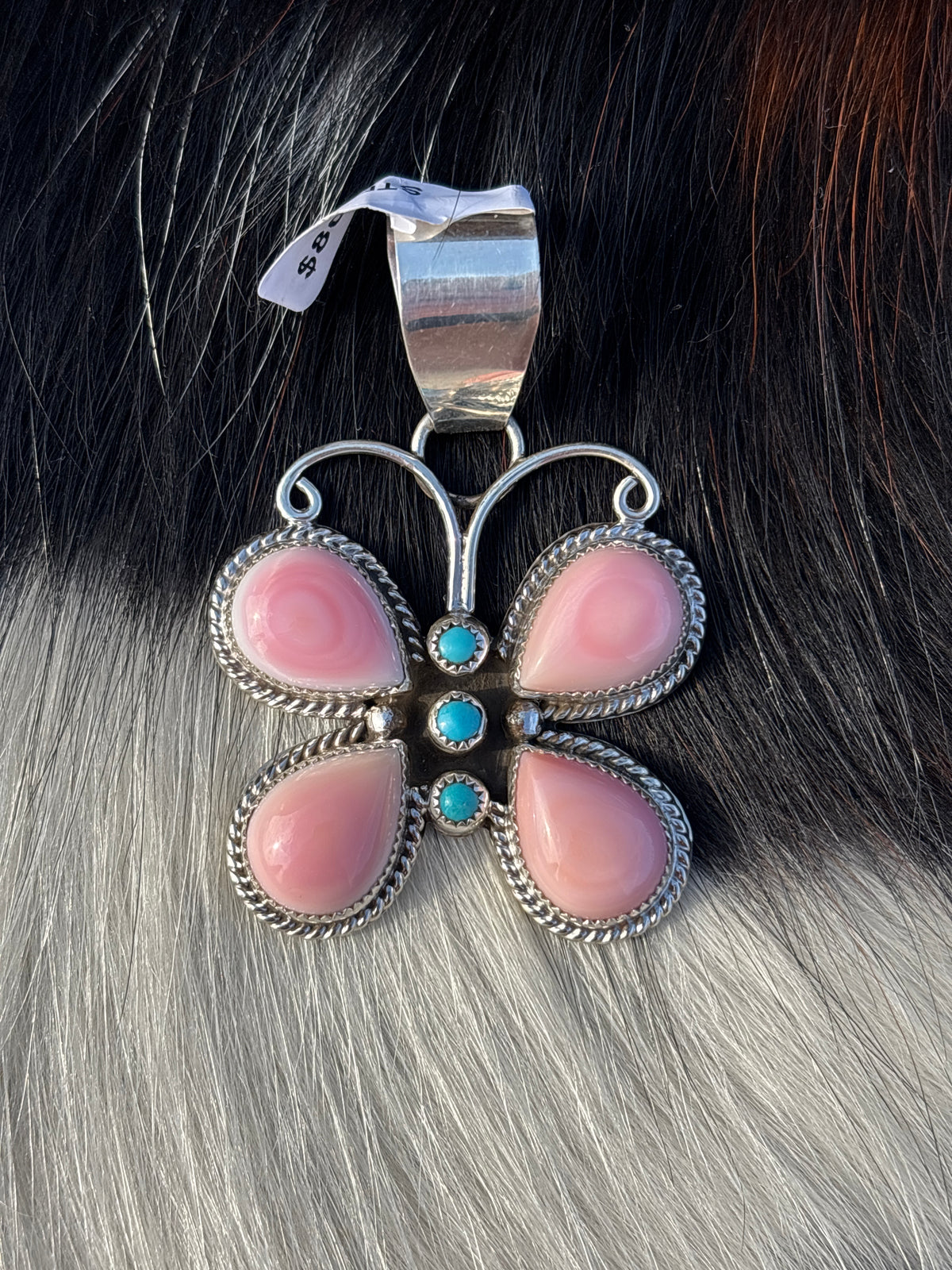 Native American, Hand-Made, Pink Conch, Turquoise & Sterling Silver Butterfly Pendant