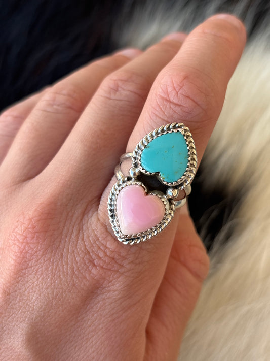 Native American, Hand-Made, Turquoise, Pink Conch, & Sterling Silver Ring