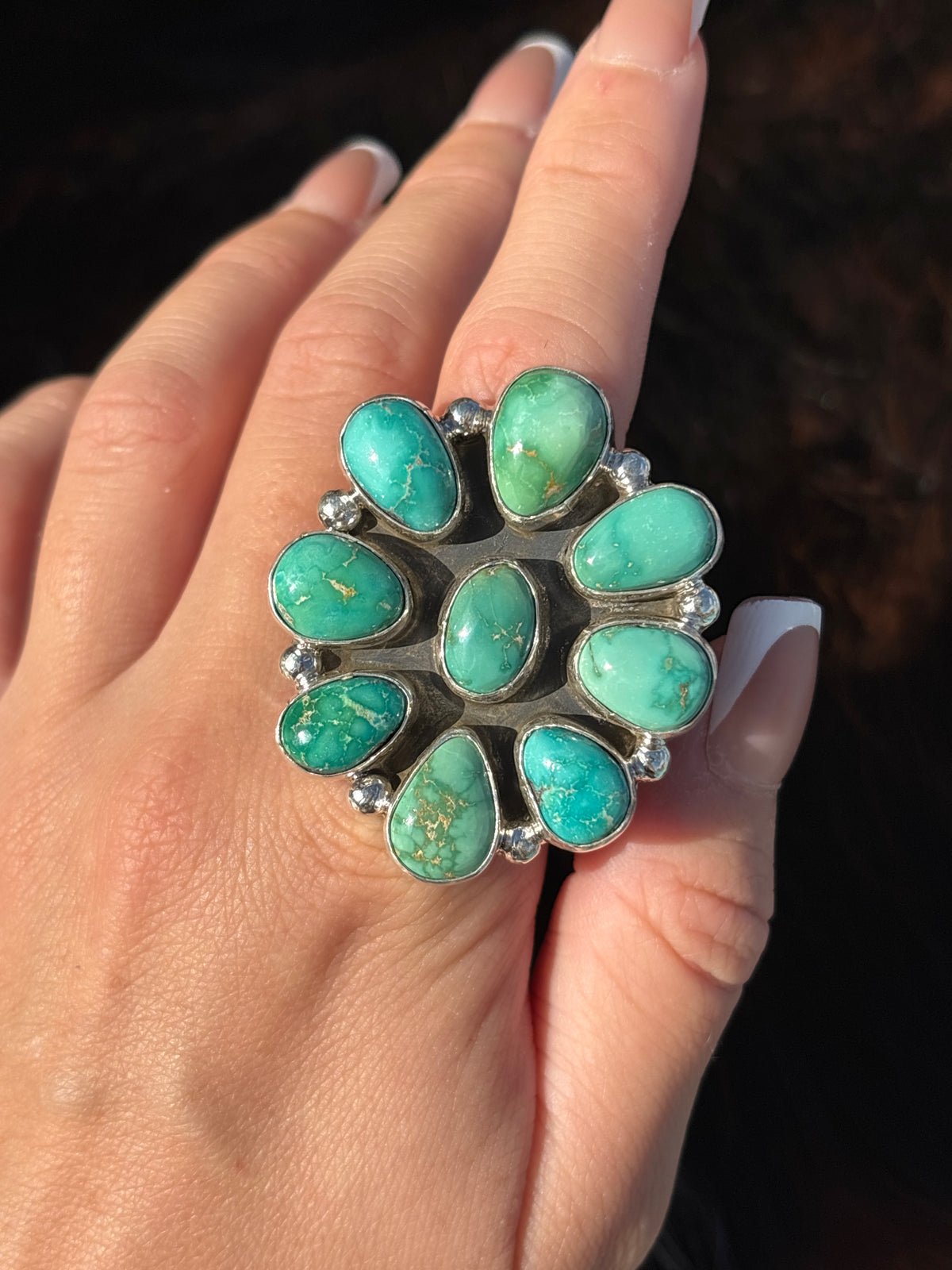 Native American, Hand-Made, Sonoran Gold Turquoise & Sterling Silver Cluster Ring