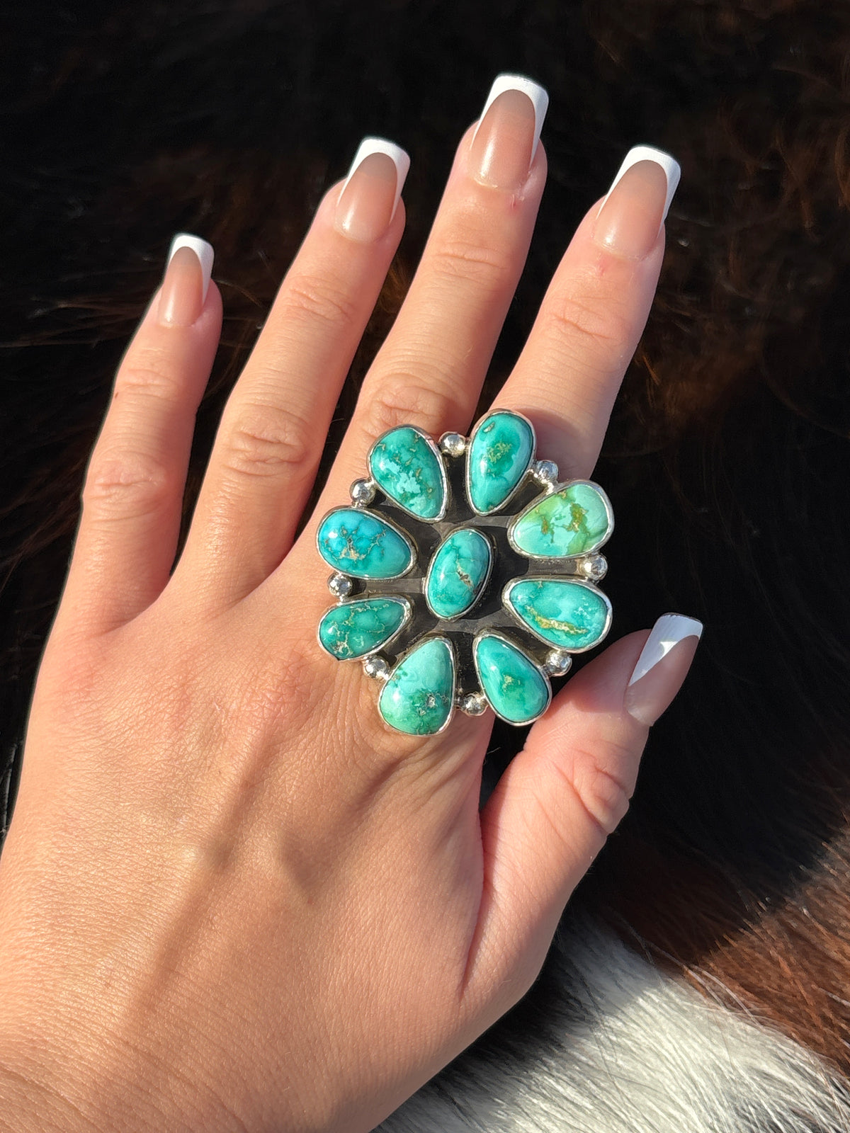 Native American, Hand-Made, Sonoran Gold Turquoise & Sterling Silver Cluster Ring