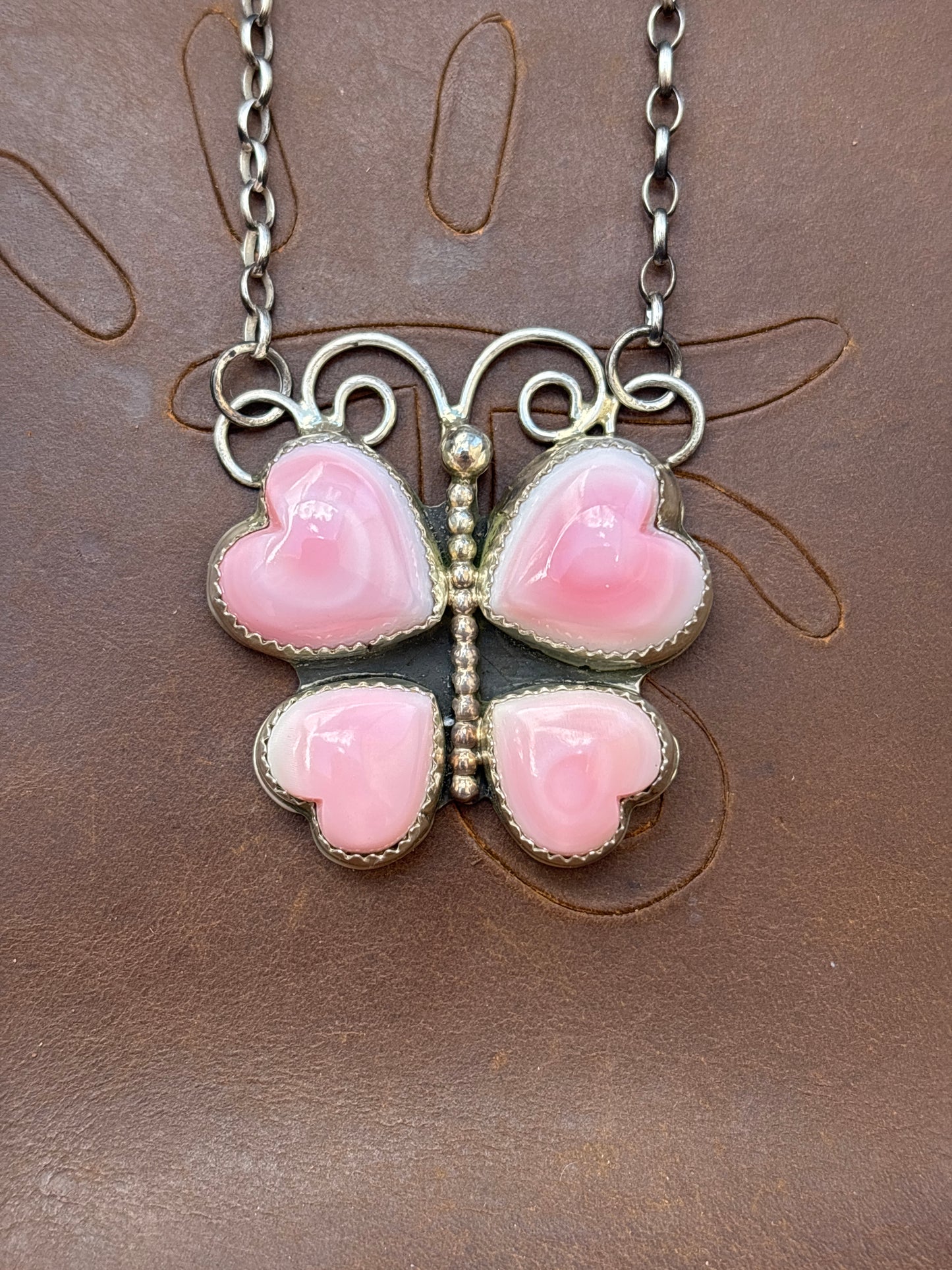 Native American, Hand-Made, Pink Conch & Sterling Silver Butterfly Necklace