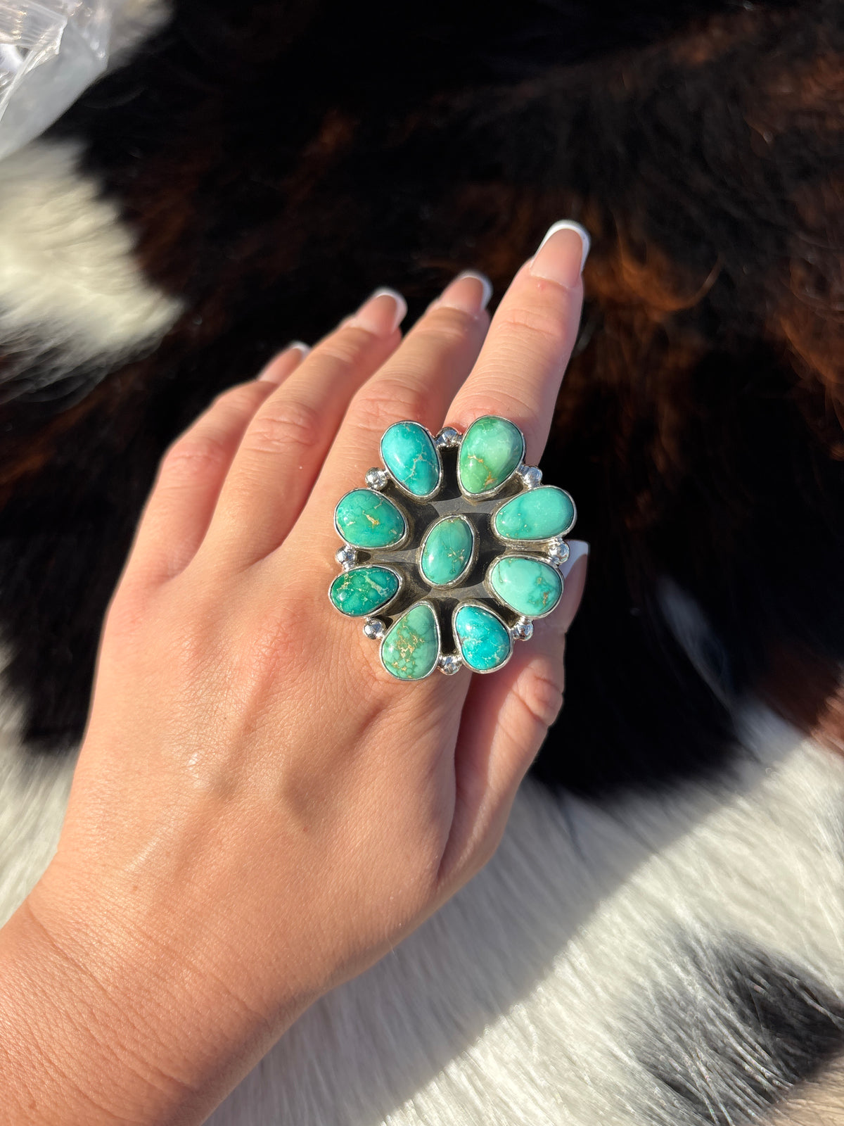 Native American, Hand-Made, Sonoran Gold Turquoise & Sterling Silver Cluster Ring