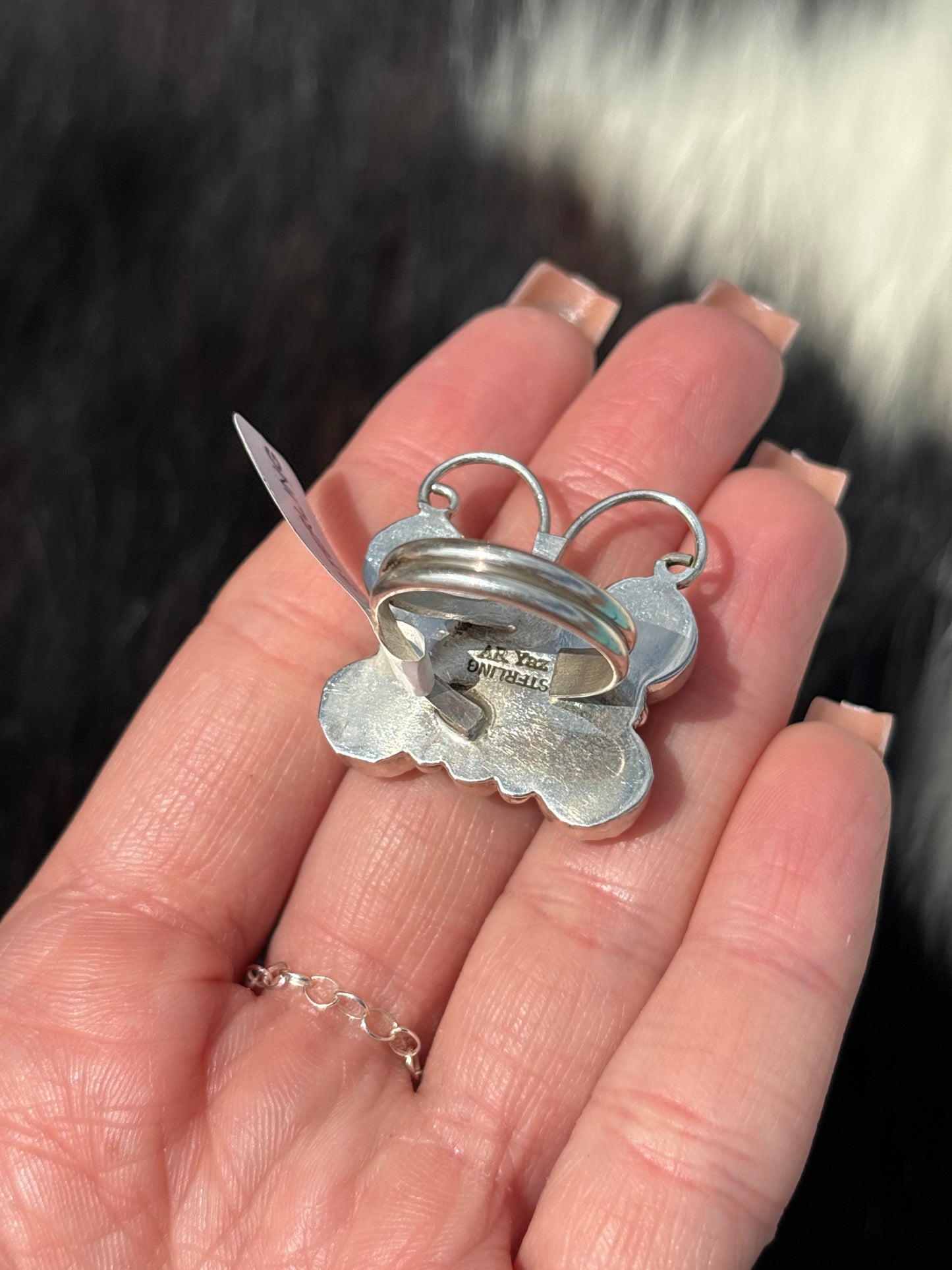 Native American, Hand-Made, Pink Conch, Turquoise & Sterling Silver Butterfly Ring