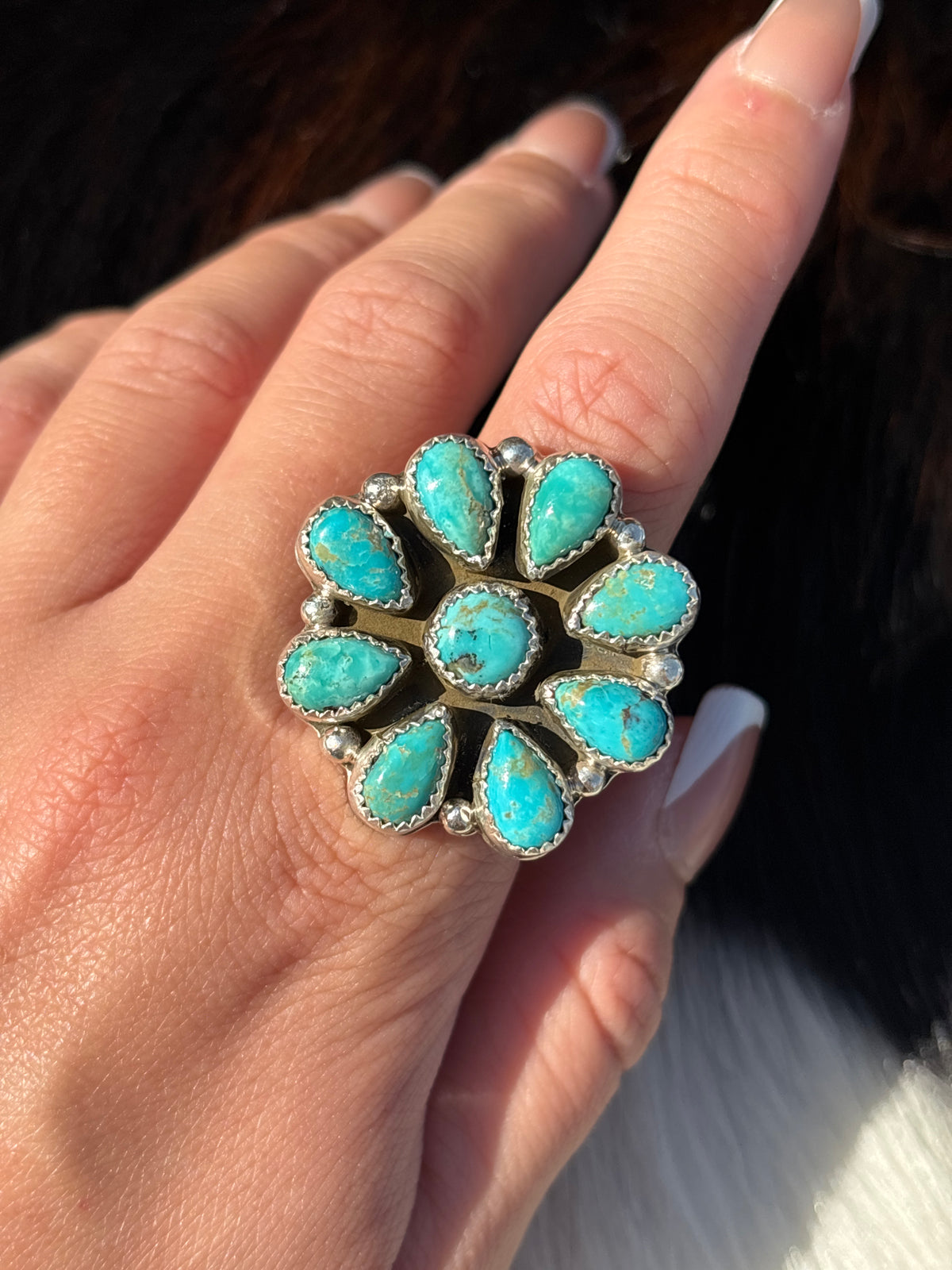 Native American, Hand-Made, Turquoise & Sterling Silver Cluster Ring