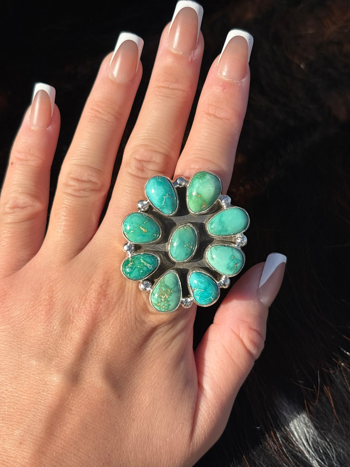 Native American, Hand-Made, Sonoran Gold Turquoise & Sterling Silver Cluster Ring