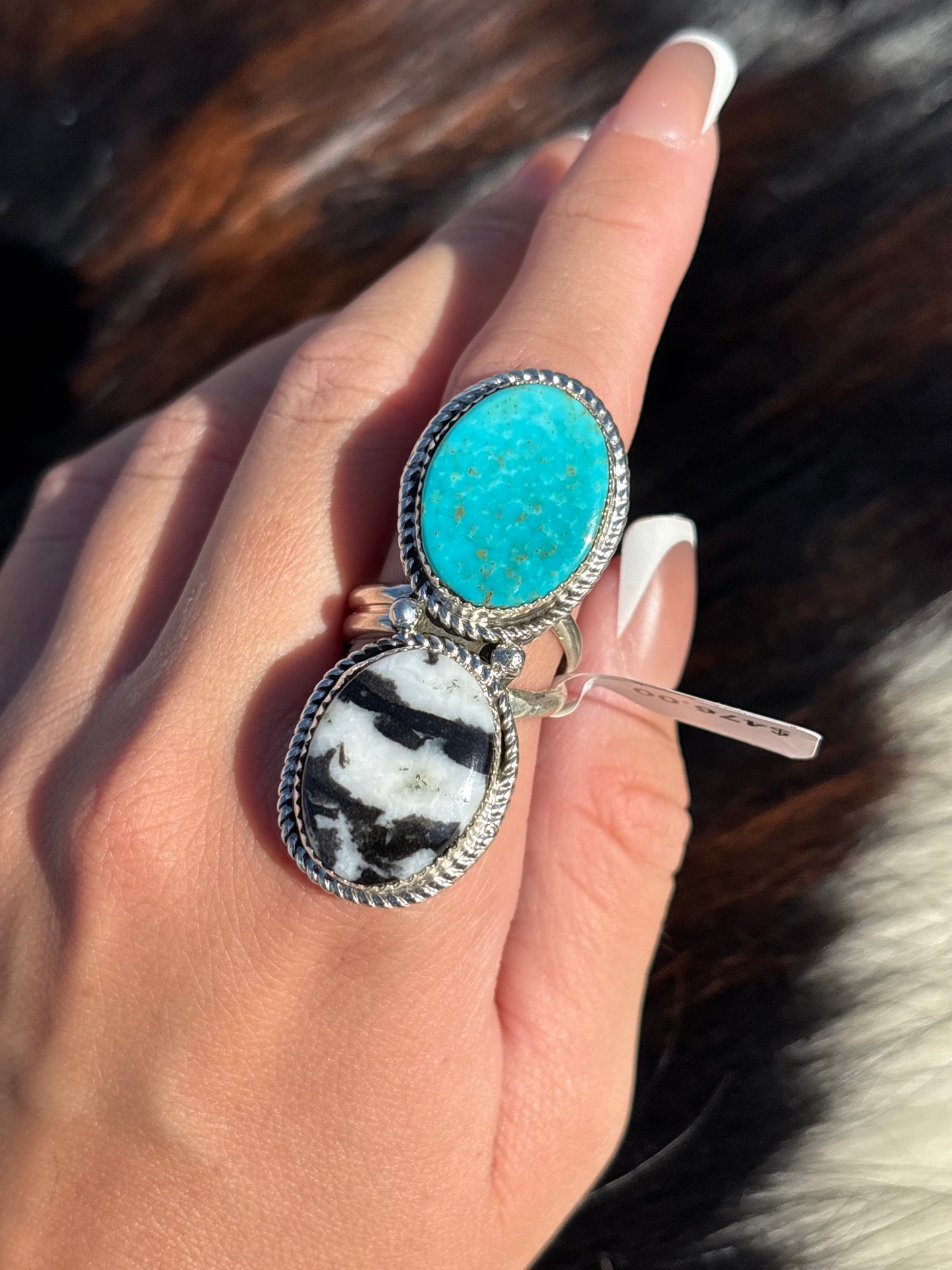 Native American, Hand-Made, Turquoise, Zebra Jasper & Sterling Silver Ring