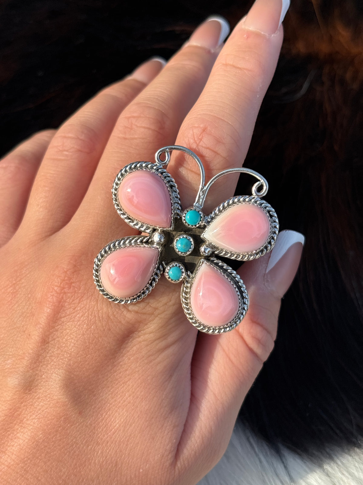 Native American, Hand-Made, Pink Conch, Turquoise & Sterling Silver Butterfly Ring