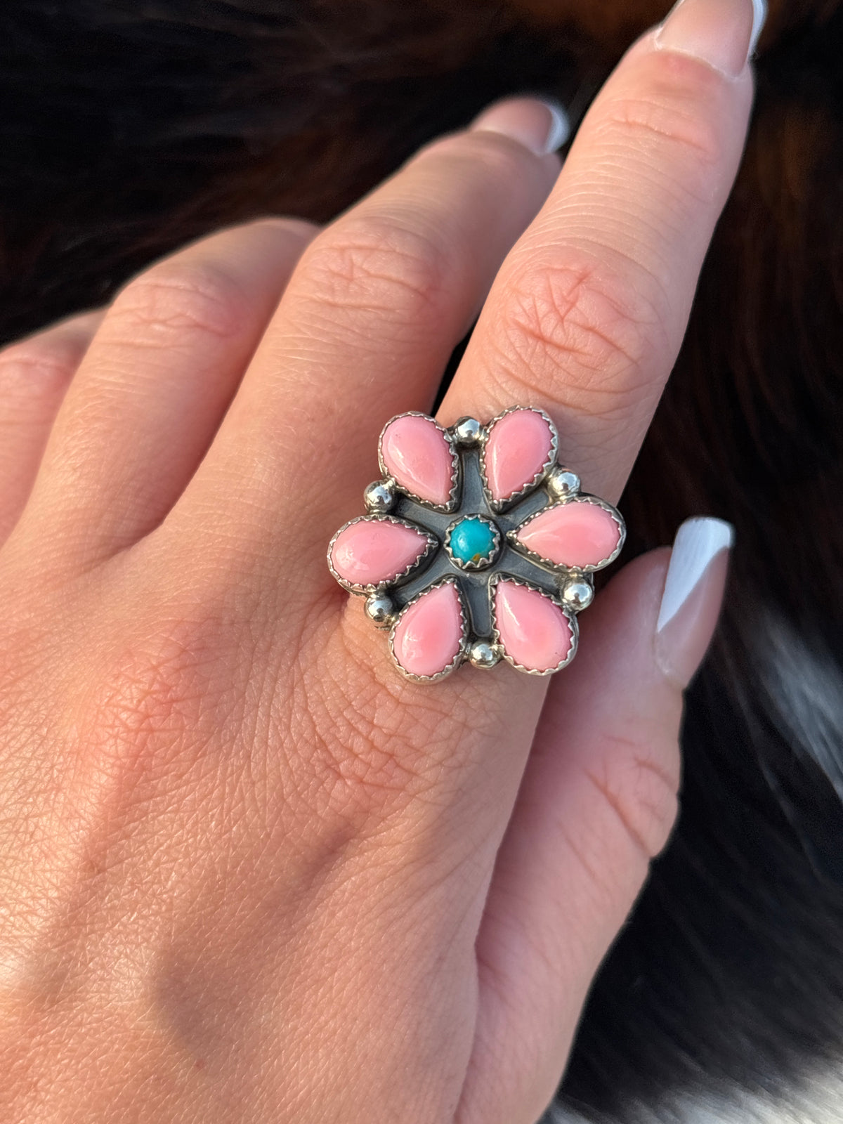 Native American, Hand-Made, Turquoise, Pink Conch & Sterling Silver Ring
