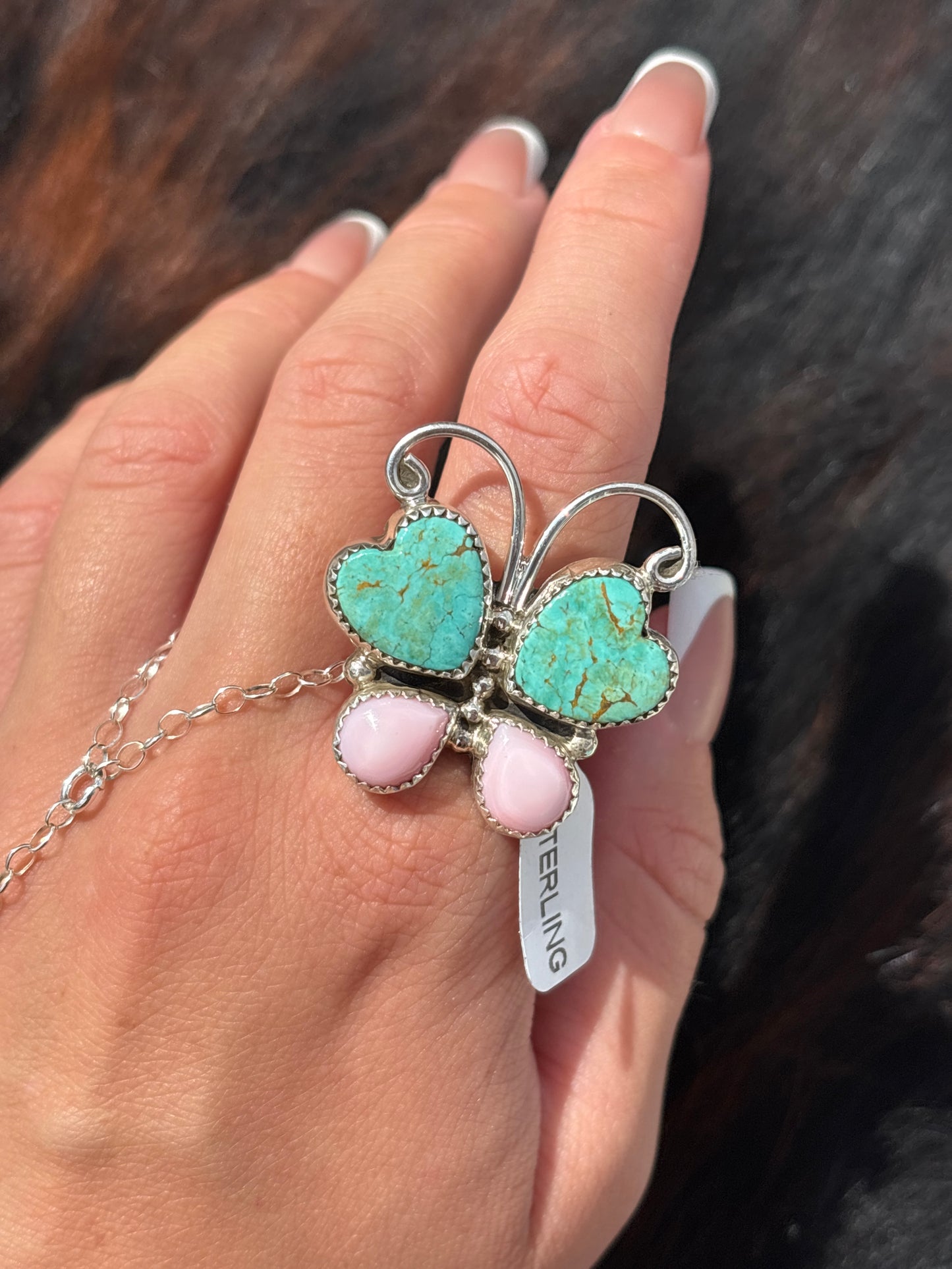 Native American, Hand-Made, Pink Conch, Turquoise & Sterling Silver Butterfly Ring