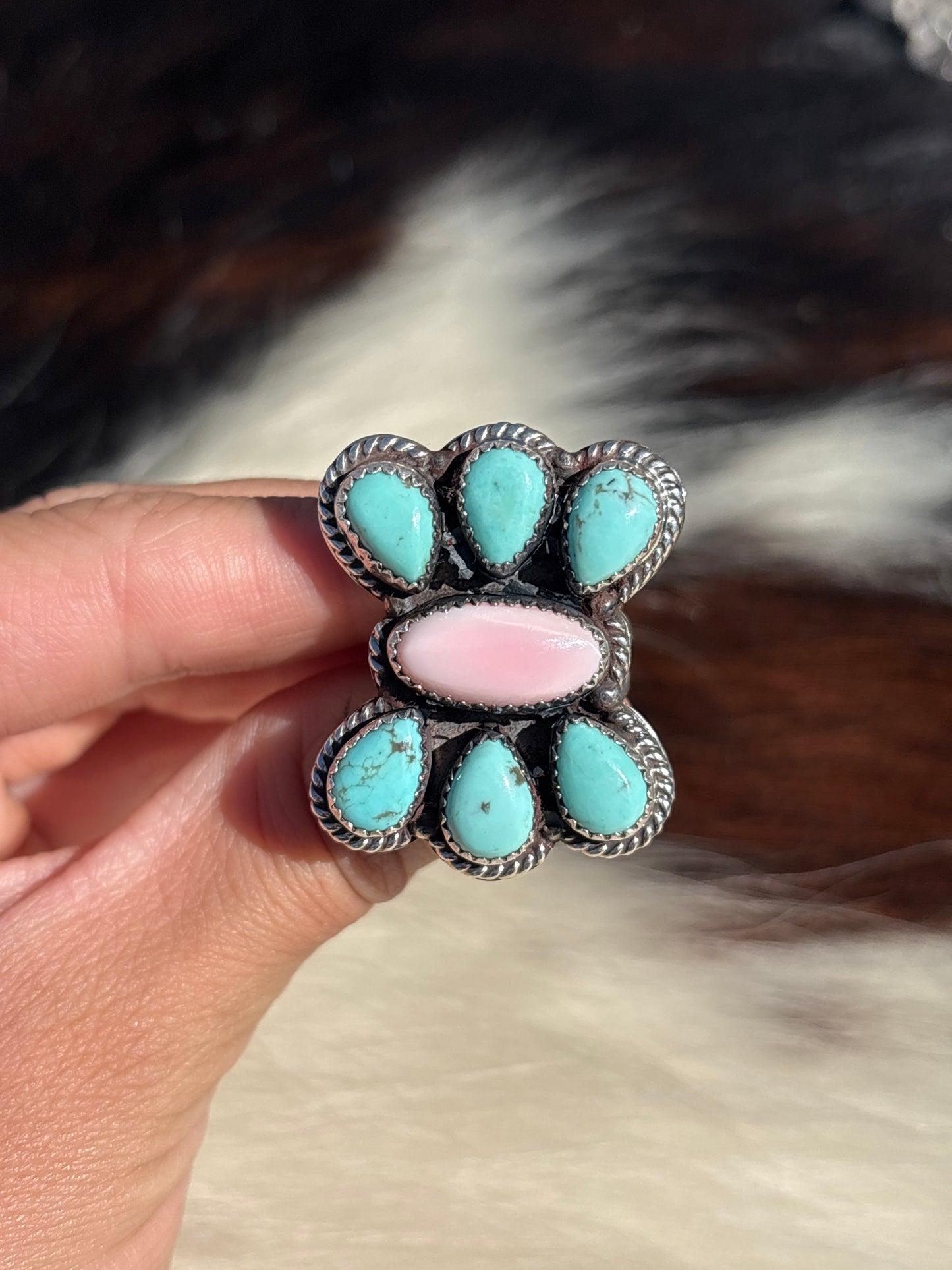 Native American, Hand-Made, Turquoise, Pink Conch & Sterling Silver Ring