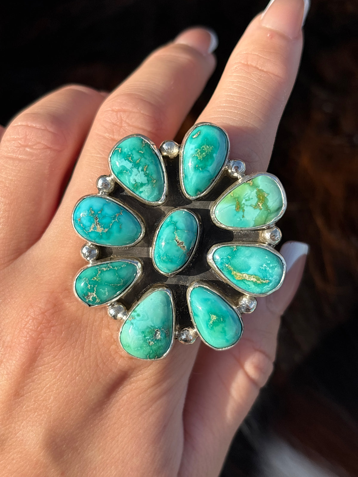 Native American, Hand-Made, Sonoran Gold Turquoise & Sterling Silver Cluster Ring