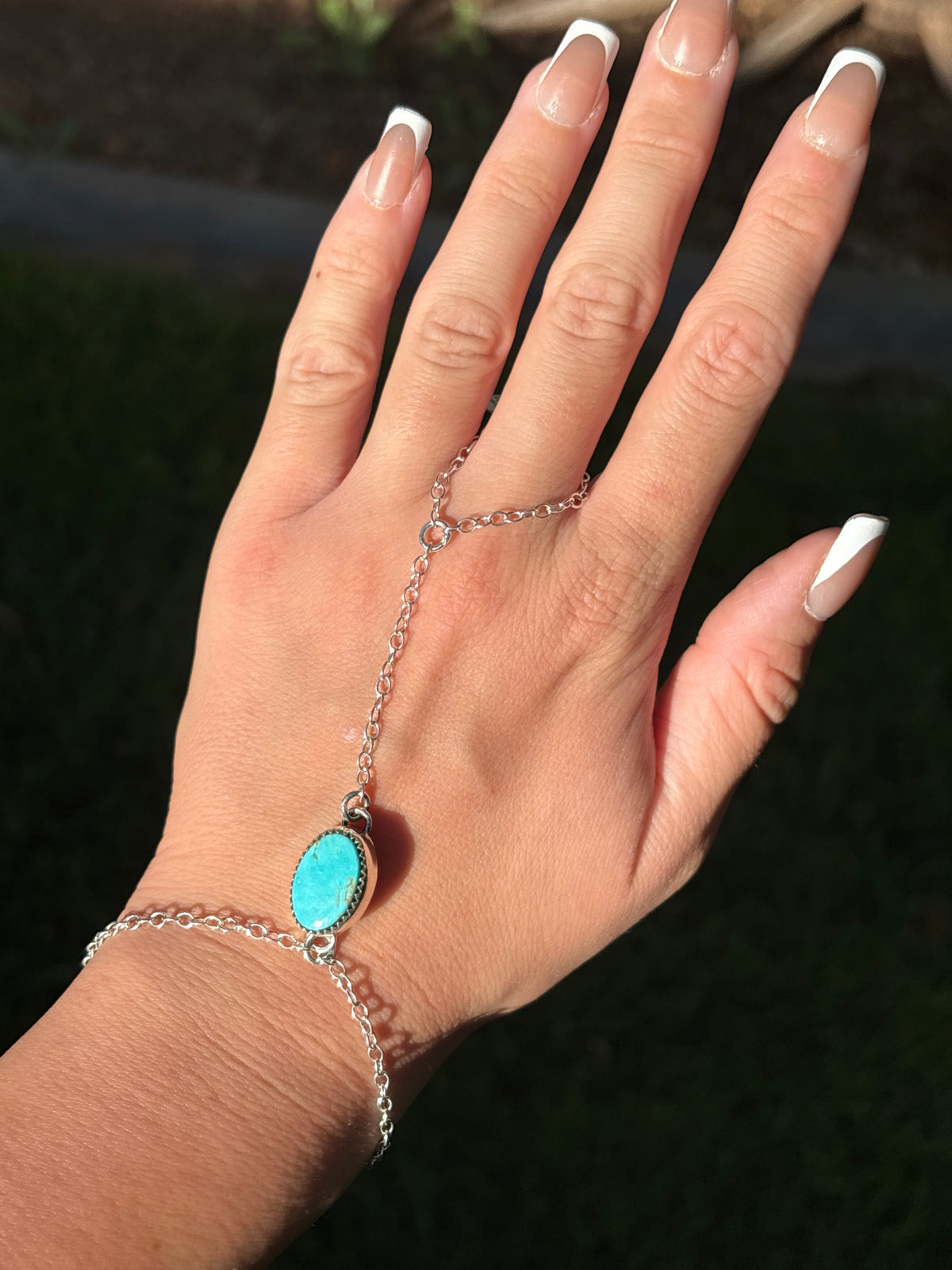 Native American, Handmade, Turquoise & Sterling Silver Hand Chain #1