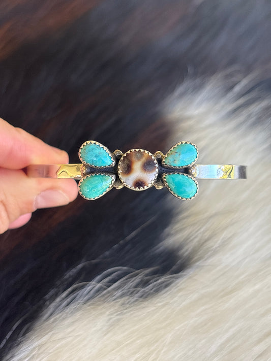 Native American, Handmade, Cowrie, Turquoise & Sterling Silver Cuff
