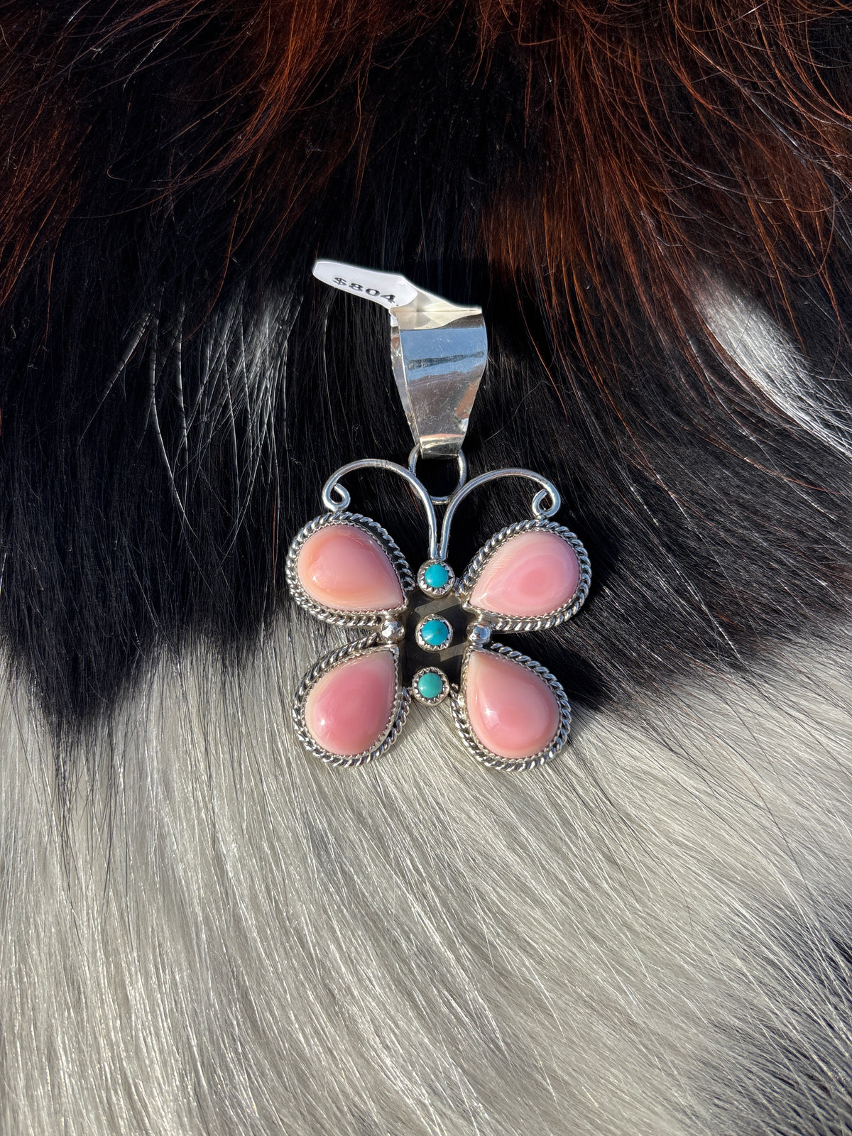 Native American, Hand-Made, Pink Conch, Turquoise & Sterling Silver Butterfly Pendant