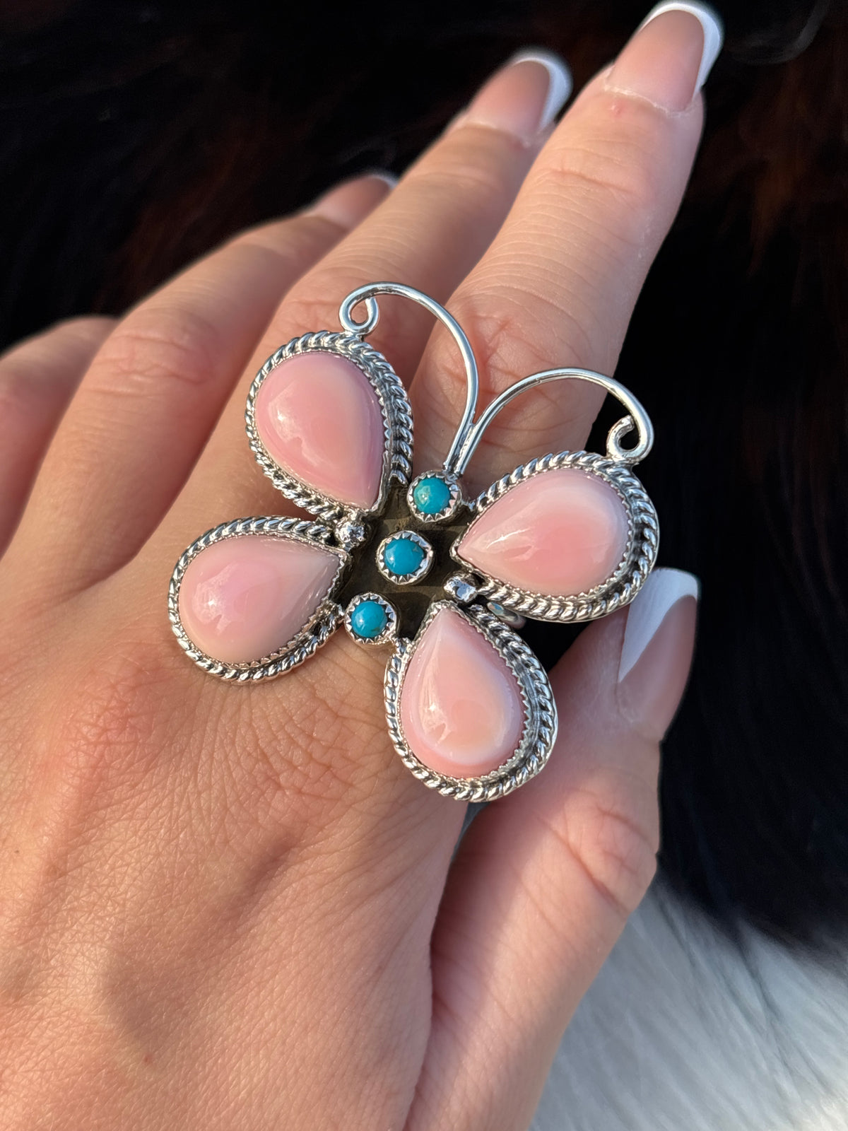 Native American, Hand-Made, Pink Conch, Turquoise & Sterling Silver Butterfly Ring
