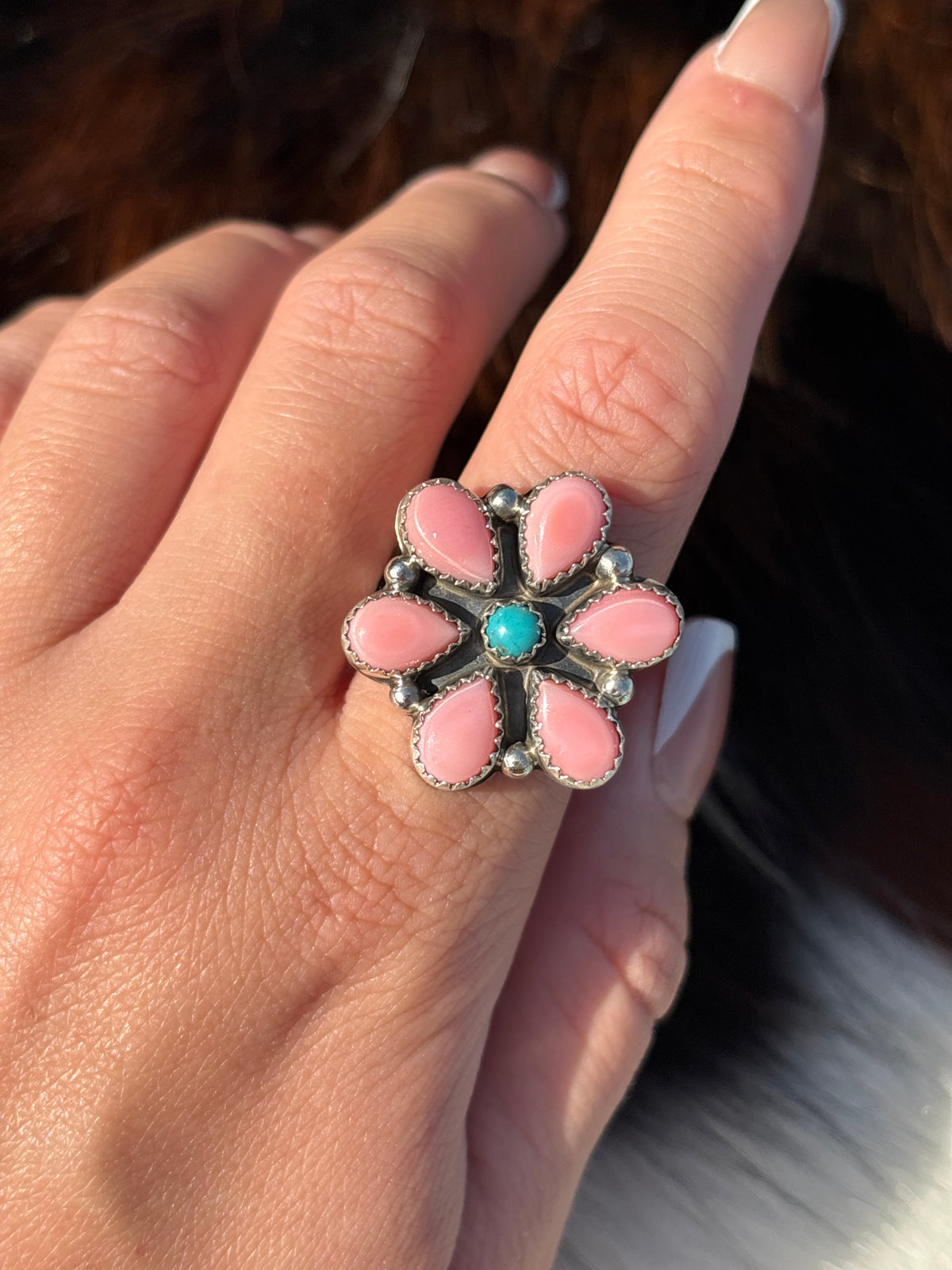 Native American, Hand-Made, Turquoise, Pink Conch & Sterling Silver Ring