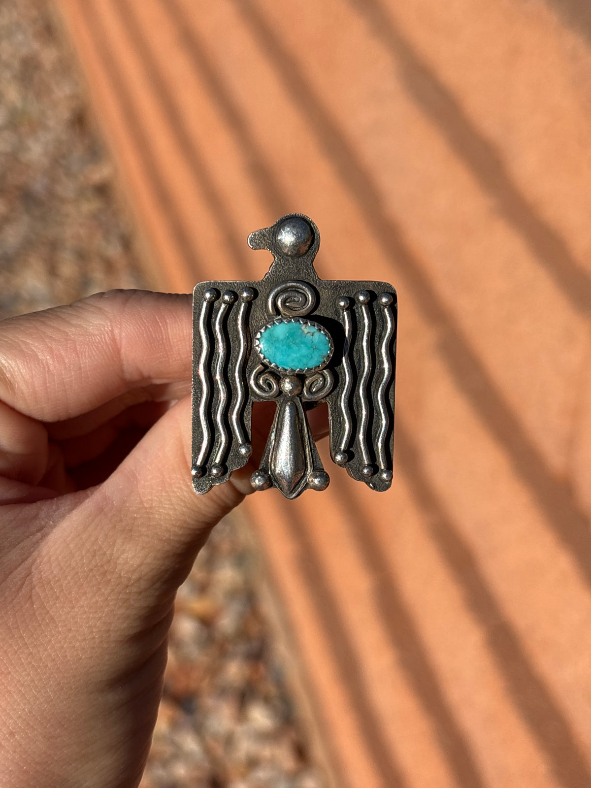 Native American, Hand-Made, Turquoise & Sterling Silver Thunderbird Adjustable Ring